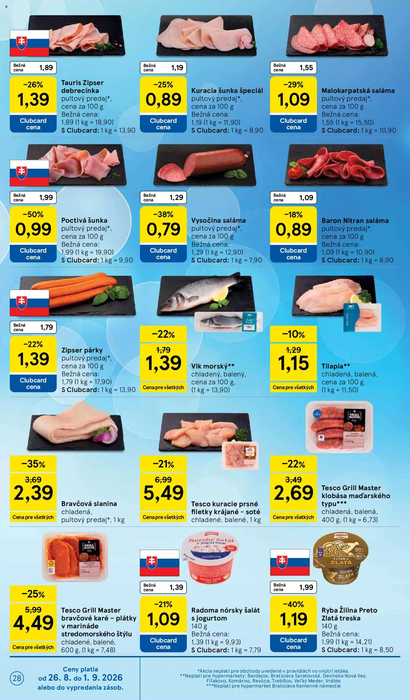 Nové Tesco akcie – leták je platný od 26.08.2026 | Strana: 28 | Produkty: Slanina, Klobása, Treska, Bravčové karé