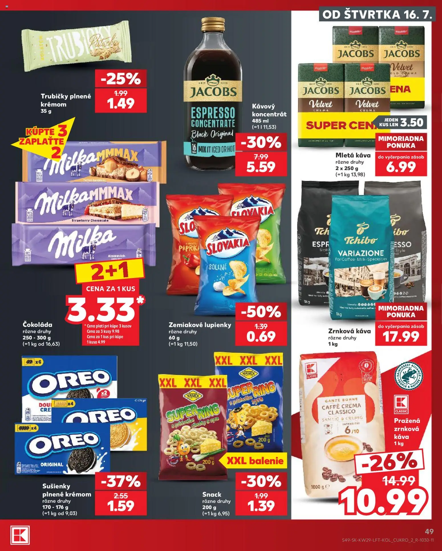Nové Kaufland akcie – leták je platný od 16.07.2026 | Strana: 49 | Produkty: Jacobs Velvet, Oreo, Milka, Mletá káva