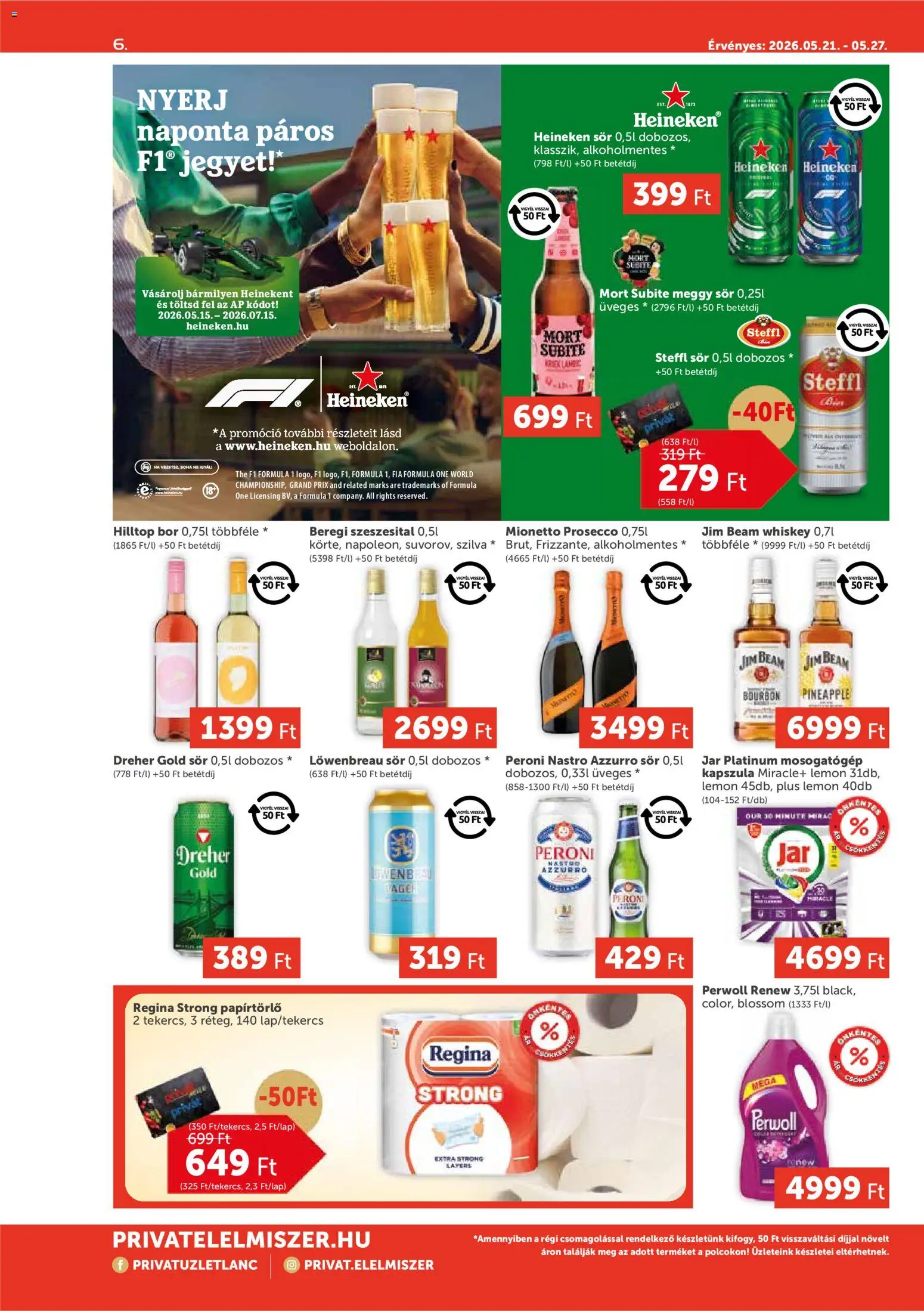 PRIVÁT akciós ujság - amely érvényes a következő dátumtól: 21.05.2026 | Oldal: 6 | Termékek: Whiskey, Heineken, Steffl sör, Sör