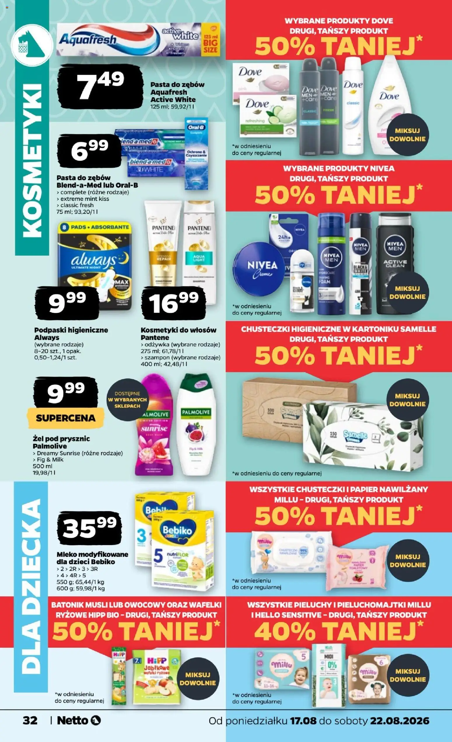 Netto gazetka od poniedziałku od 17.08.2026 | Strona: 32 | Produkty: Chusteczki, Mleko modyfikowane, Bebiko, Pasta do zębów