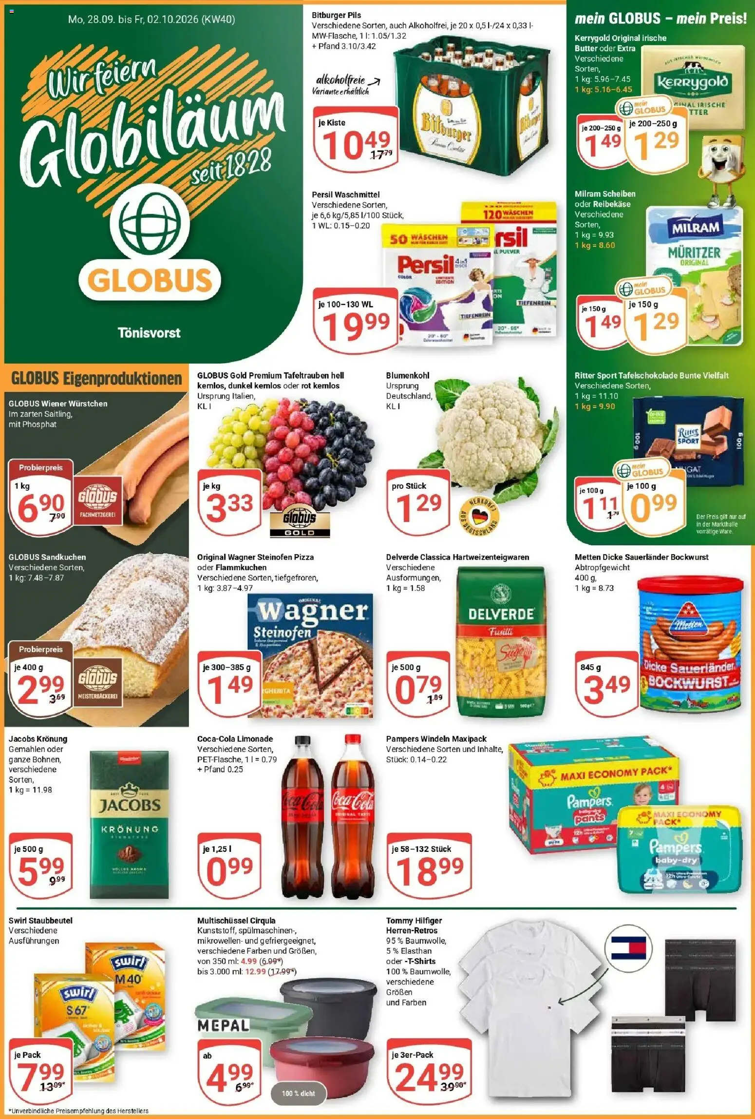 Globus Prospekt Tönisvorst (ab 28.09.2026) » Angebote online | Seite: 1 | Produkte: Pampers, Limonade, Blumenkohl, Reibekase
