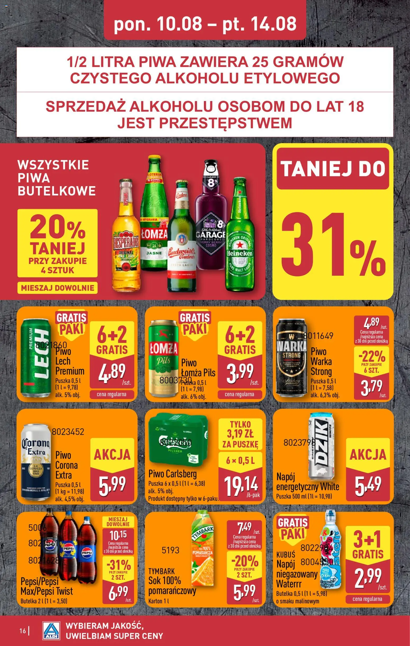Aldi gazetka od 10.08.2026 | Strona: 16 | Produkty: Napój energetyczny, Pepsi, Piwo Warka, Piwo Carlsberg