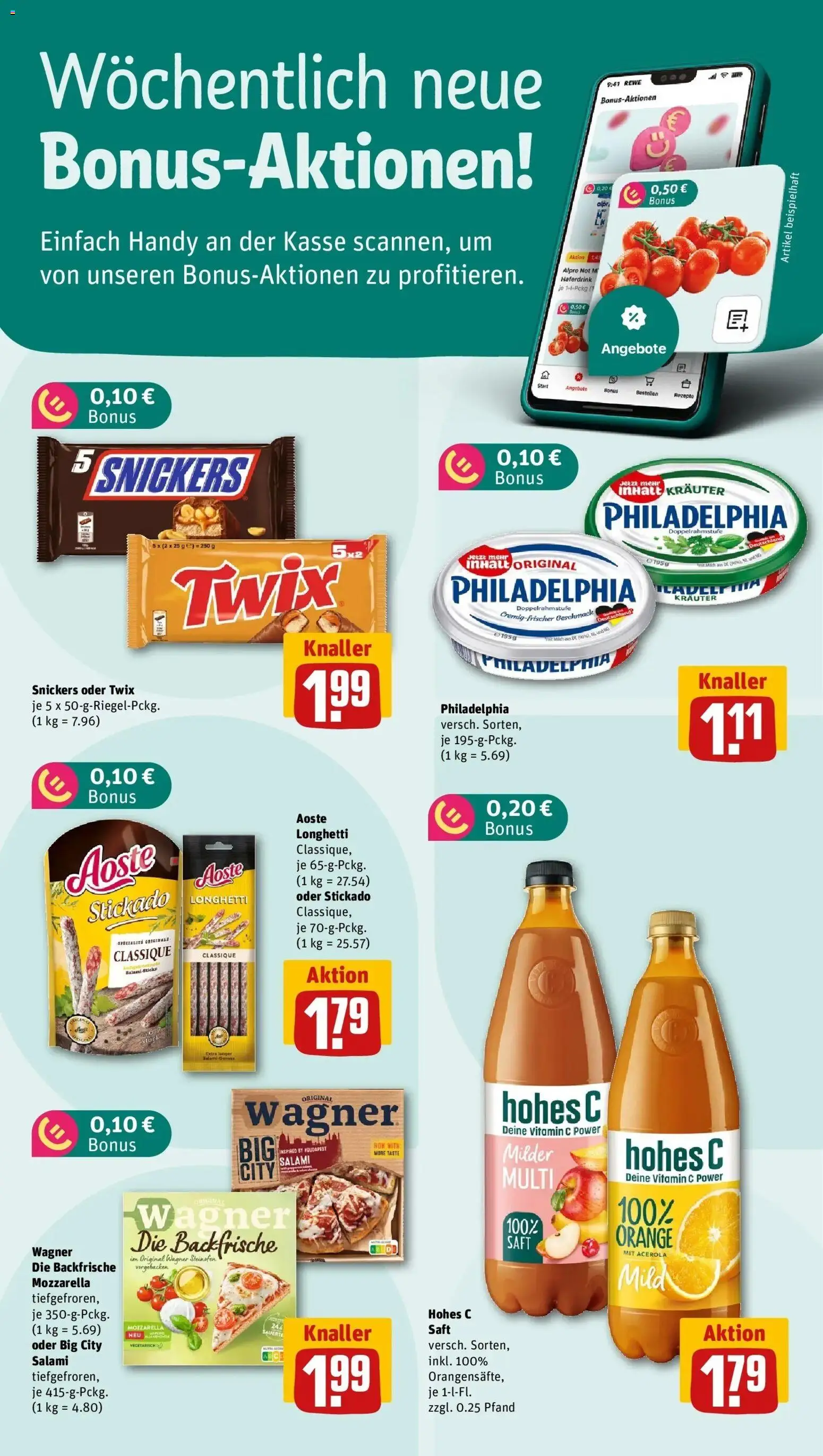REWE Prospekt ab 19.10.2026 zum Blättern » Angebote | Seite: 2 | Produkte: Philadelphia, Snickers, Salami, Saft