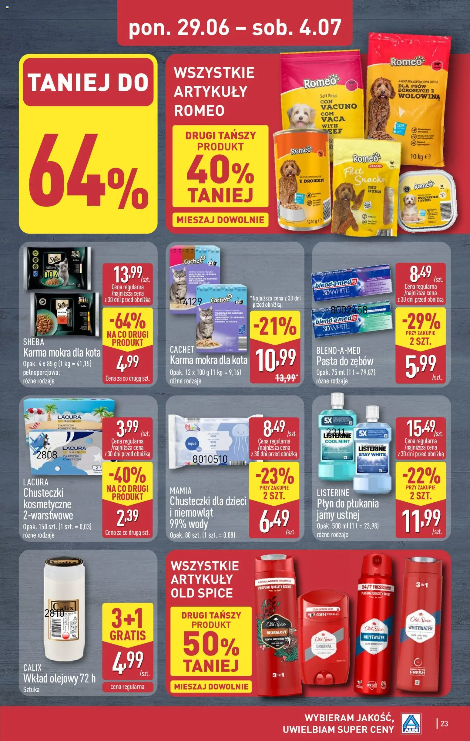 Aldi gazetka od 29.06.2026 | Strona: 23 | Produkty: Karma mokra dla kota, Wołowina, Pasta do zębów, Old spice