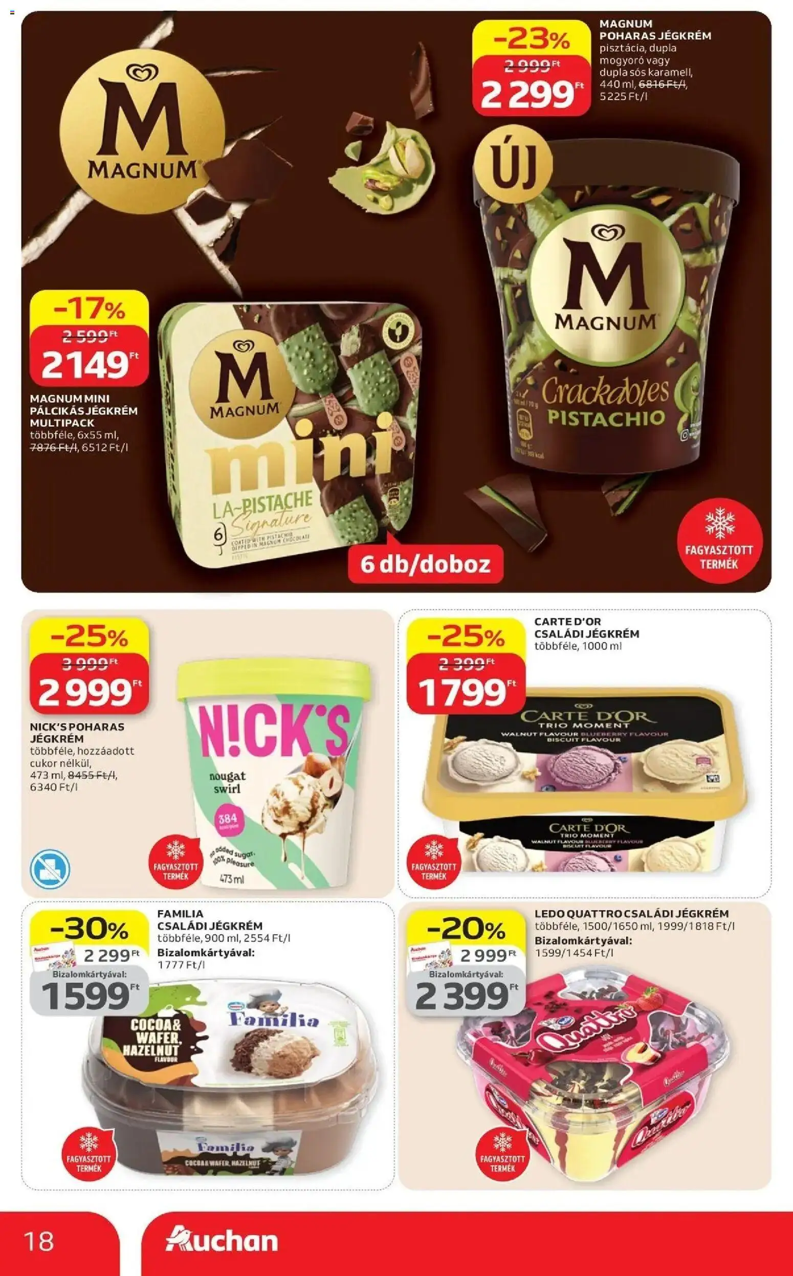 Auchan akciós ujság - amely érvényes a következő dátumtól: 09.04.2026 | Oldal: 18 | Termékek: Magnum, Mogyoró, Jégkrém, Cukor