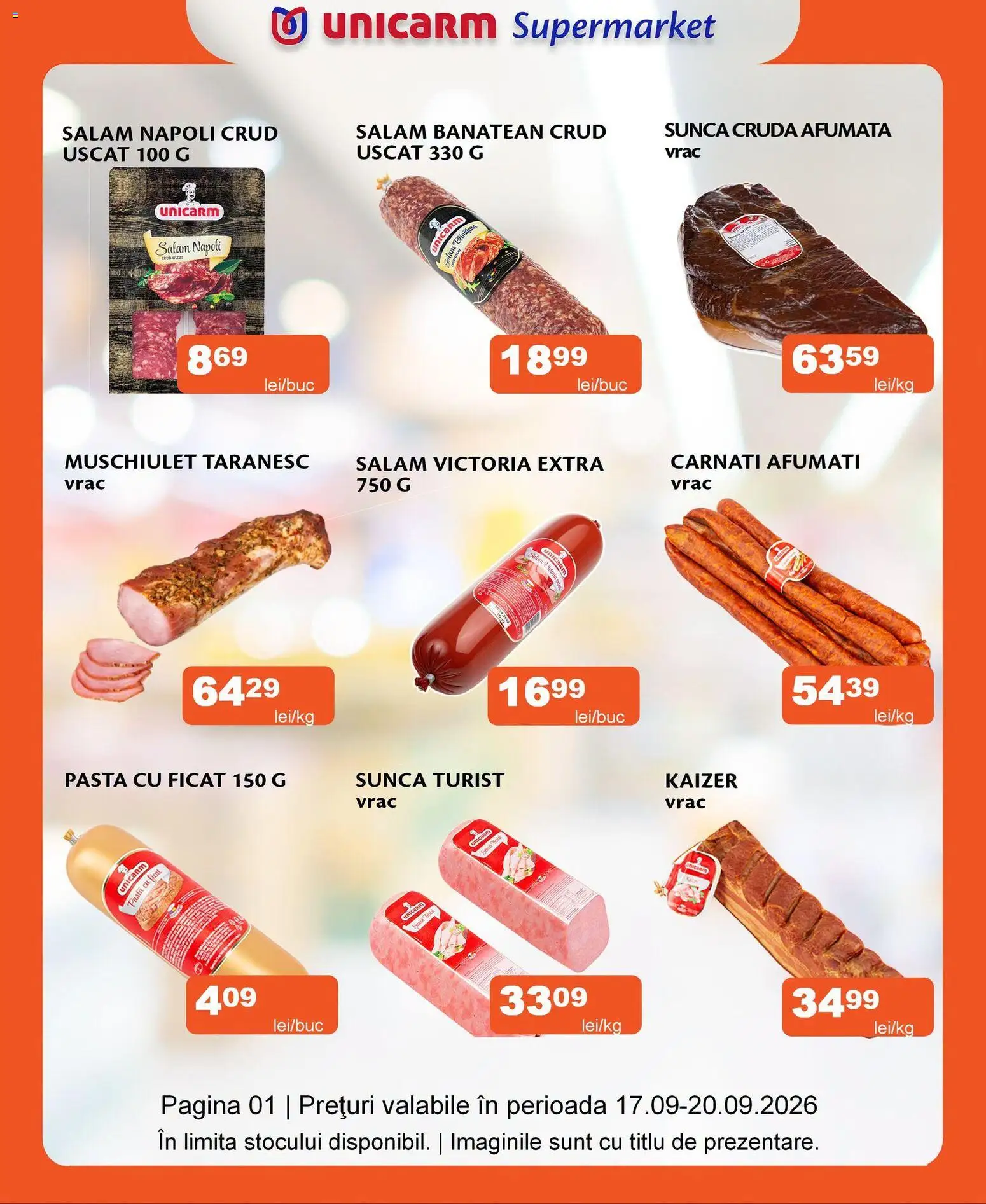 Noul catalog Unicarm – valabil de la 17.09.2026 | Pagină: 1 | Produse: Salam, Șuncă, Cârnați
