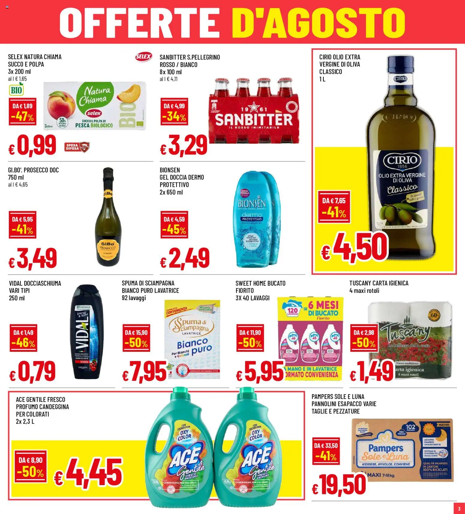 Volantino Famila del 10/08/2026 | Pagina: 3 | Prodotti: Pannolini, Carta igienica, Lavatrice, Profumo