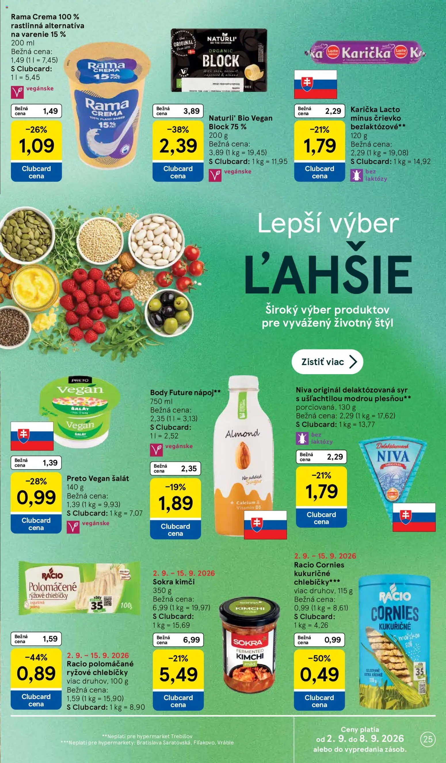 Nové Tesco akcie – leták je platný od 02.09.2026 | Strana: 25 | Produkty: Syr, Ryžové chlebíčky, Šalát, Kimchi