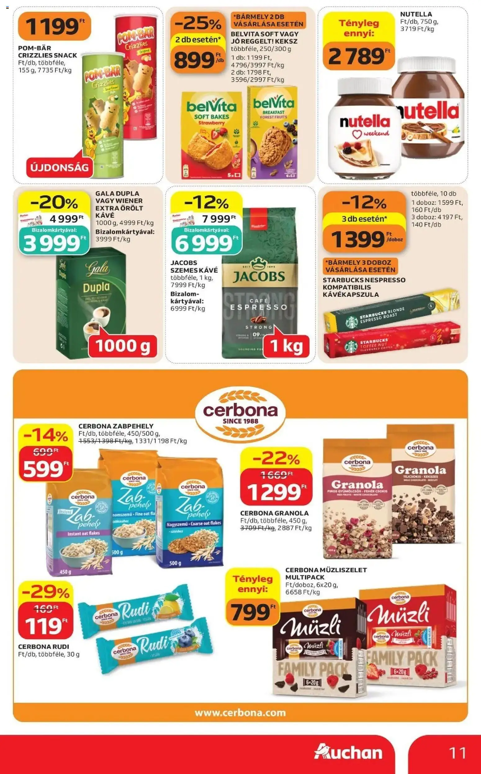 Auchan akciós újság Debrecen - 2026.10.29. -tól/töl > akció, lapozható szórólap 🛍️ | Oldal: 11 | Termékek: Zabpehely, Pom-Bär, Granola, Doboz