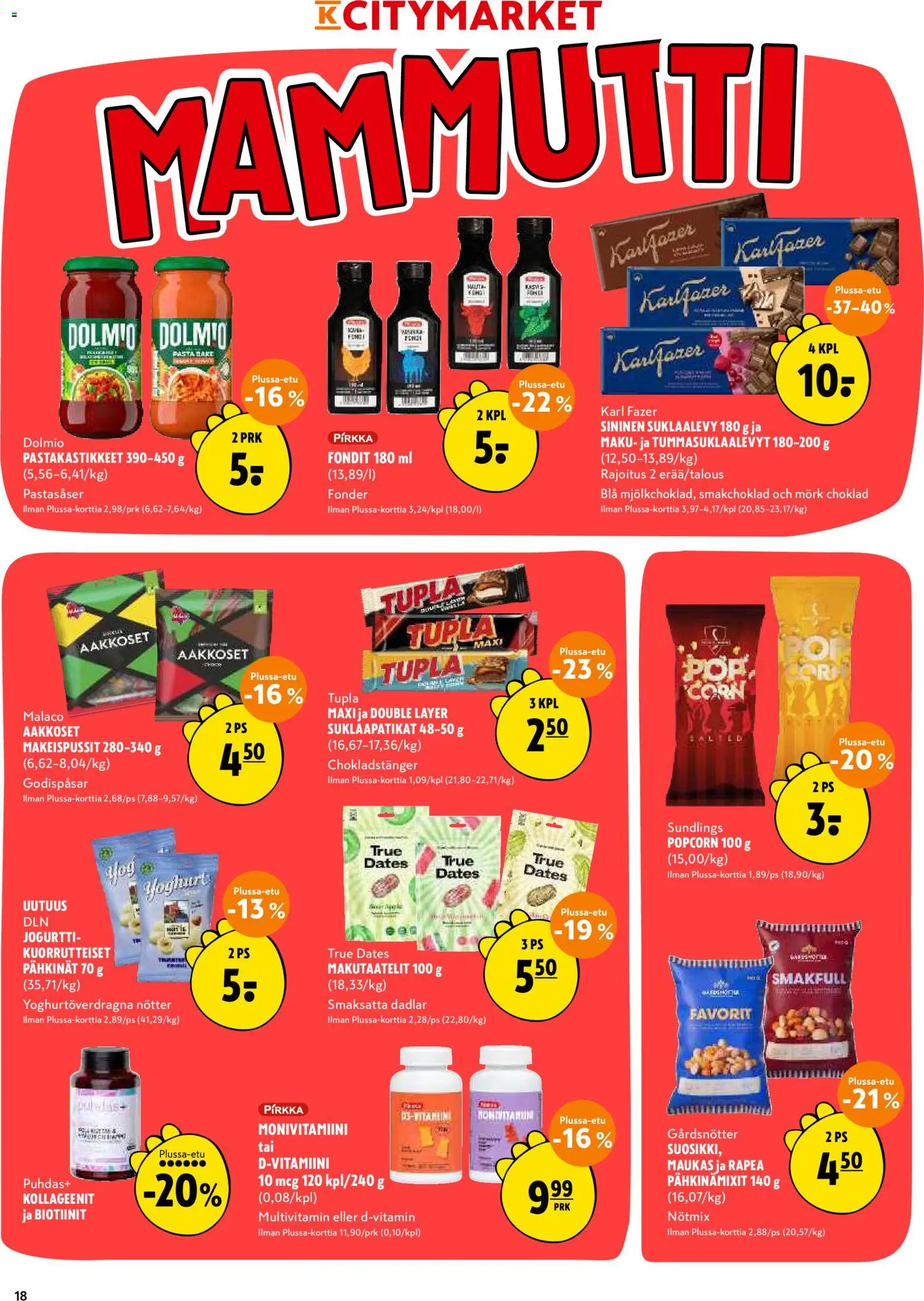 K-Citymarket tarjoukset – voimassa 18.05.2026 alkaen | Sivu: 18 | Tuotteet: Makeispussit, Jogurtti, Pasta, Pähkinät