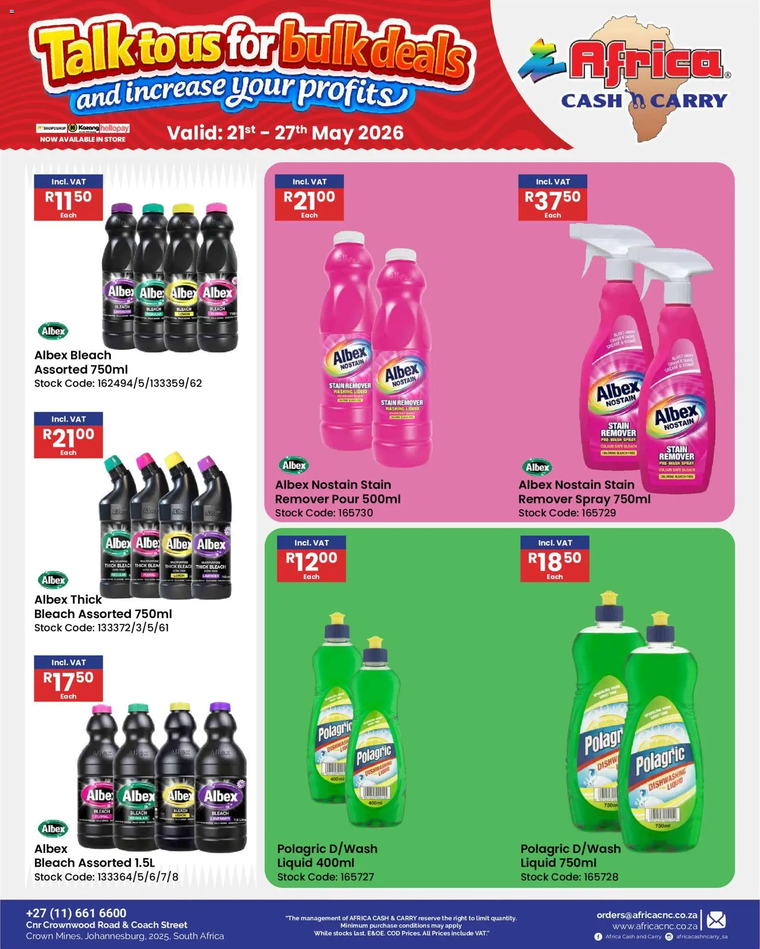 New Africa Cash & Carry catalogue – valid from 21.05.2026 | Page: 54 | Products: Bleach, Stock, Stain remover, Lemon