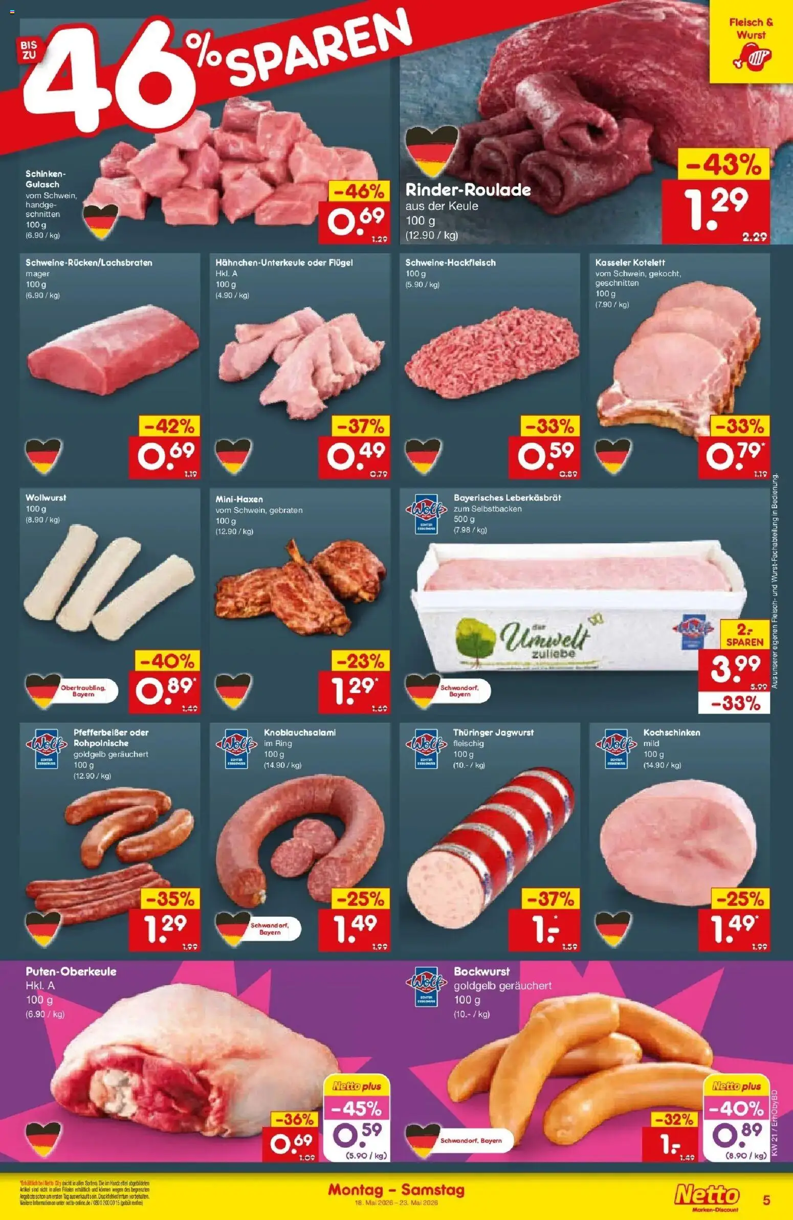 Netto Marken-Discount Prospekt Velden	 – gültig ab 17.05.2026 | Seite: 5 | Produkte: Bockwurst, Gulasch, Wurst, Fleisch
