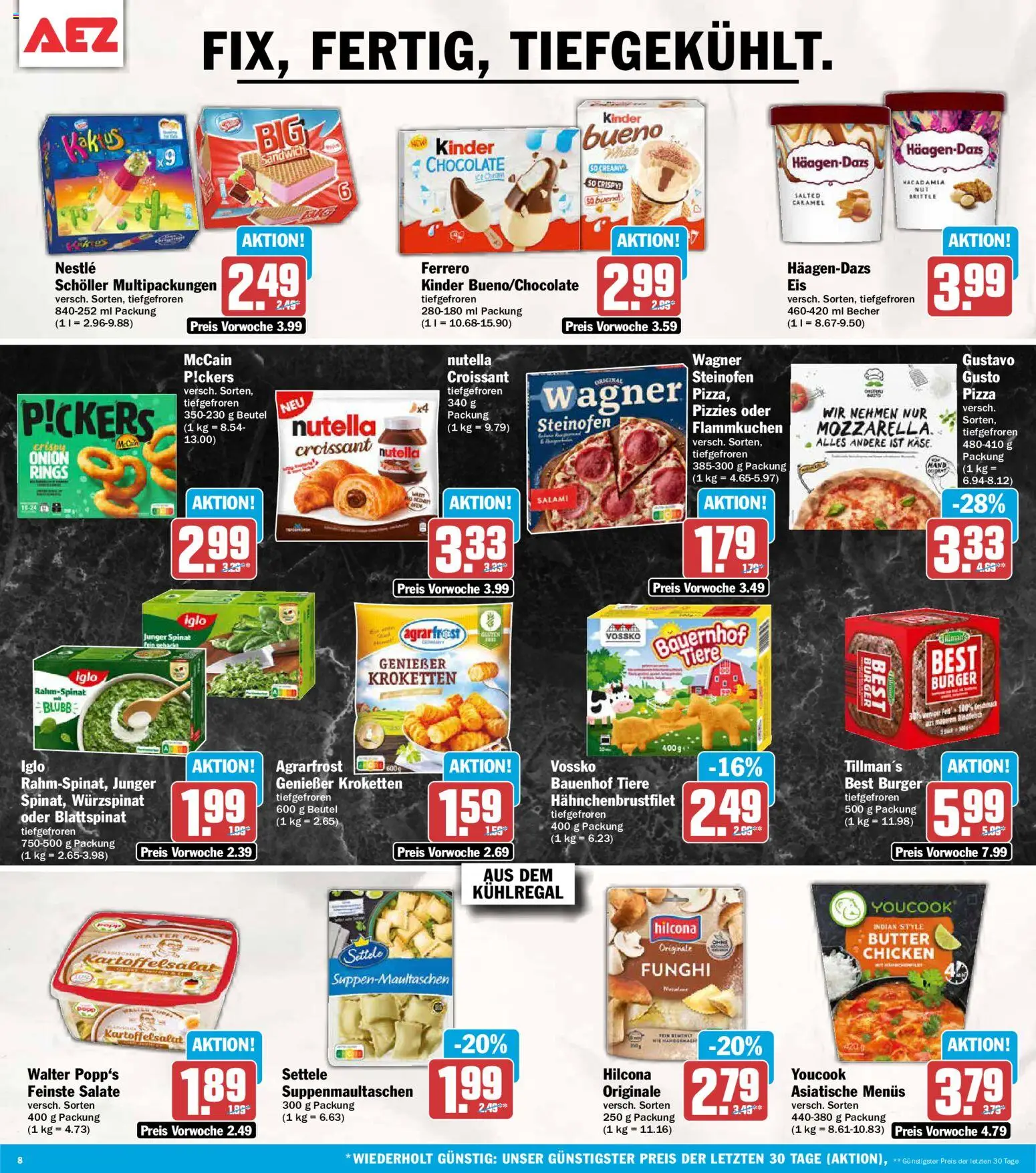 AEZ Prospekt – gültig ab 28.09.2026 | Seite: 8 | Produkte: Burger, Kinder bueno, Wagner pizza, Nutella