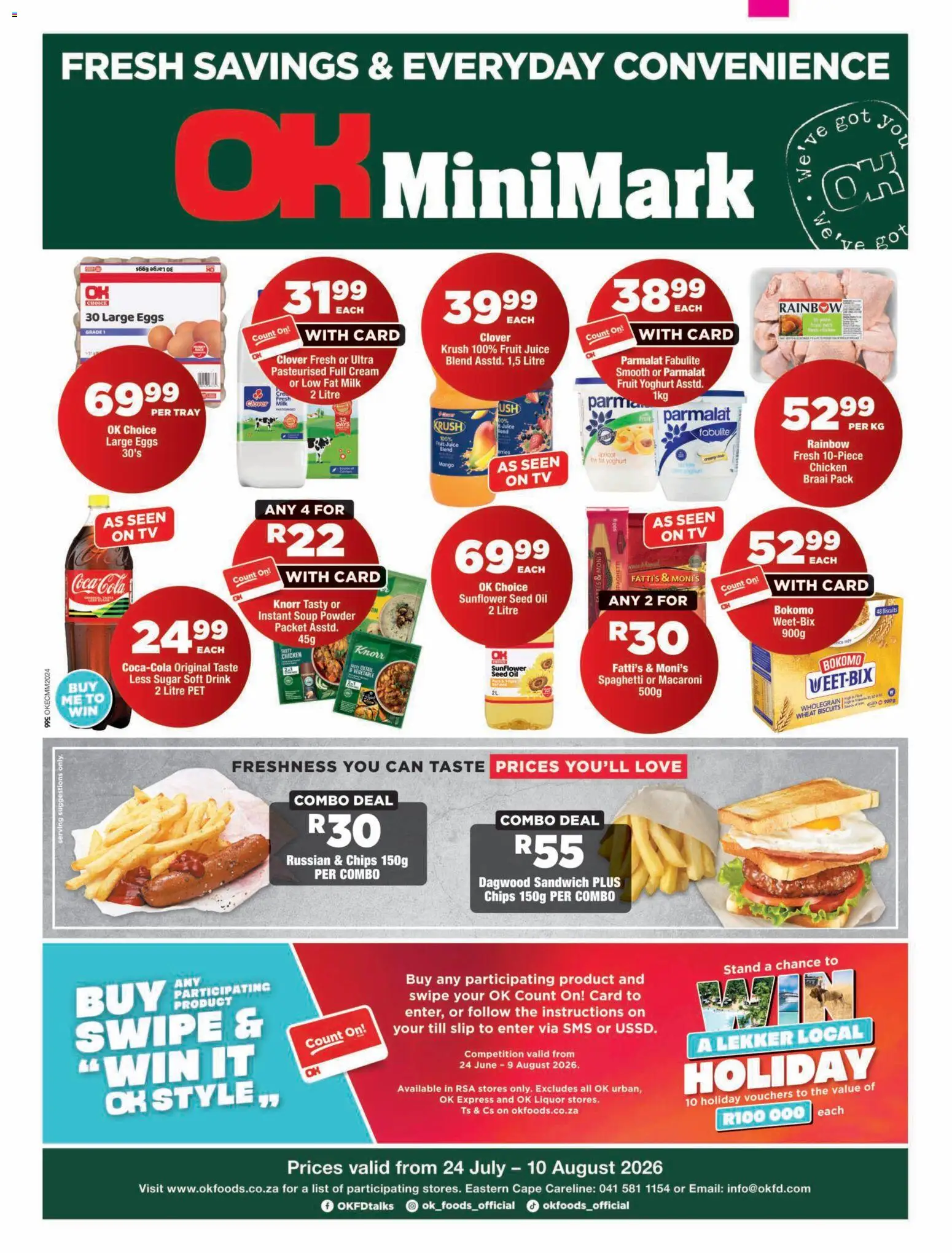 New OK Foods catalogue – valid from 24/07/2026 | Page: 1 | Products: PC, Tray, Biscuits, Juice