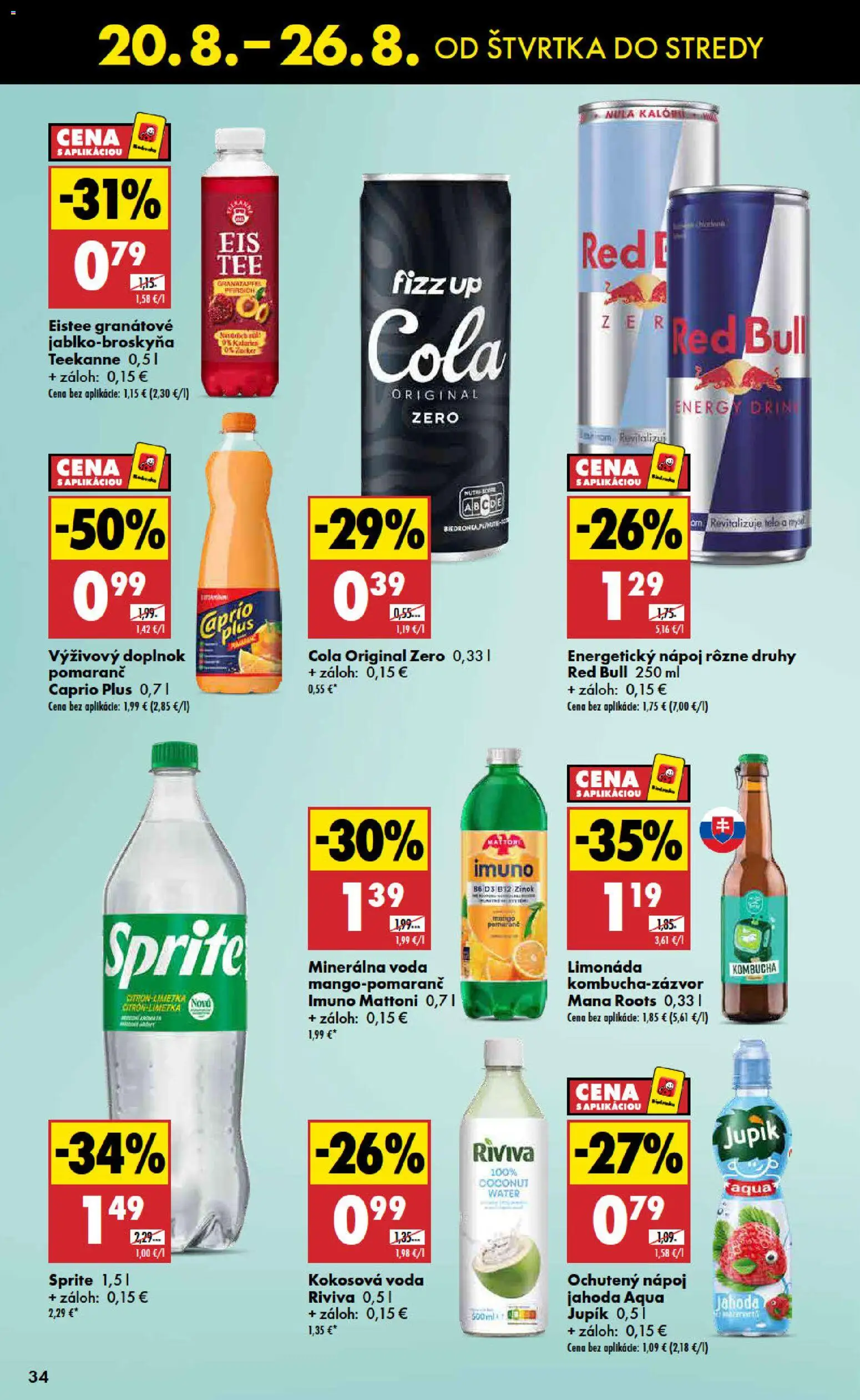 Nové Biedronka akcie – leták je platný od 20.08.2026 | Strana: 34 | Produkty: Red Bull, Sprite, Mattoni, Teekanne