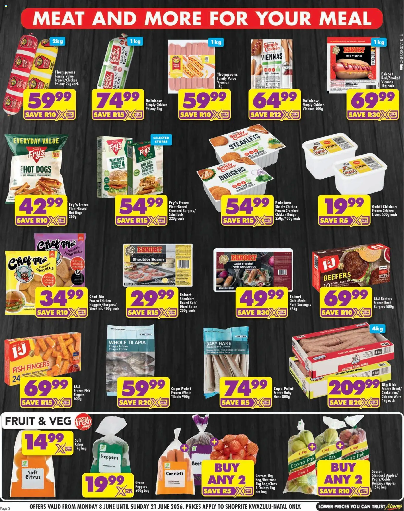 New Shoprite catalogue – valid from 08.06.2026 | Page: 2 | Products: Fish, Burgers, Onions, Bacon