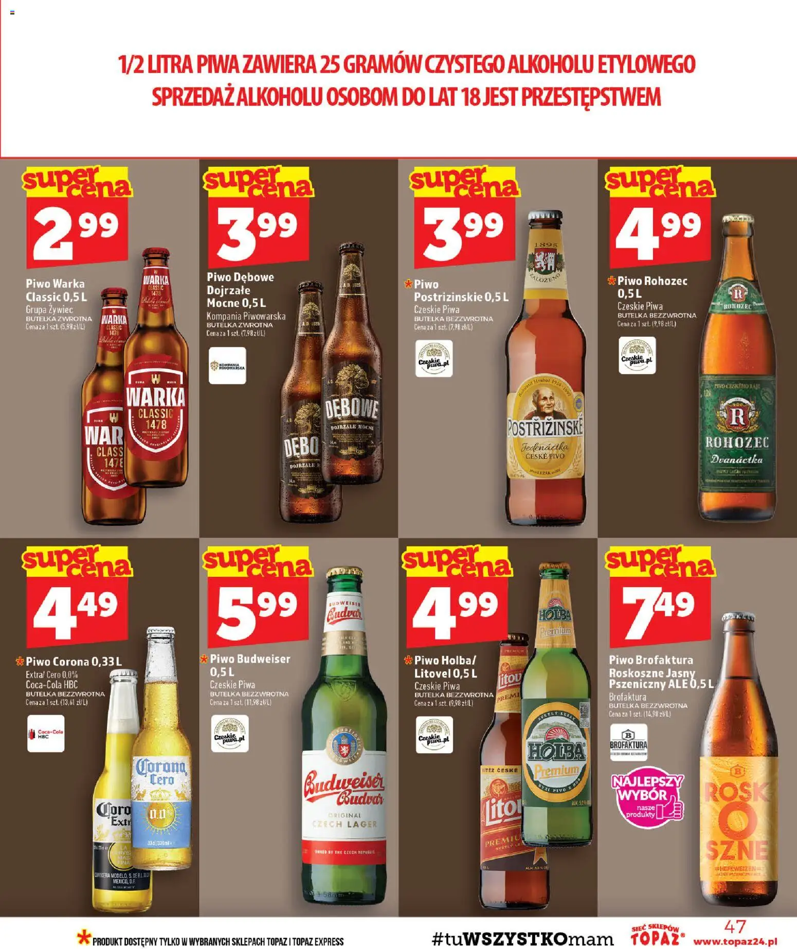 Topaz gazetka - MAZ od 22.10.2026 | Strona: 47 | Produkty: Budweiser, Piwo Corona, Warka, Piwo Warka