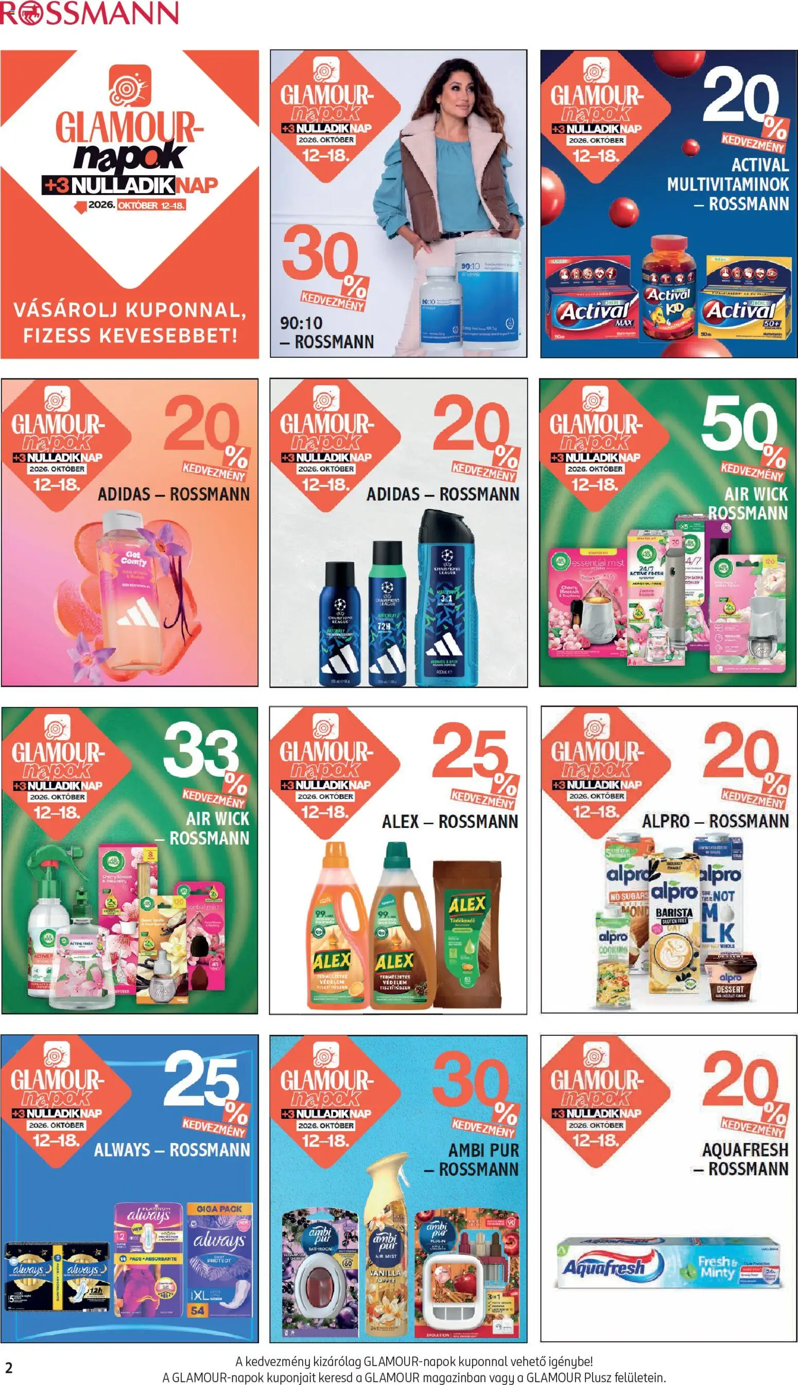 Rossmann akciós ujság - amely érvényes a következő dátumtól: 2026.10.12. | Oldal: 2 | Termékek: Aquafresh, Adidas, Always, Pur