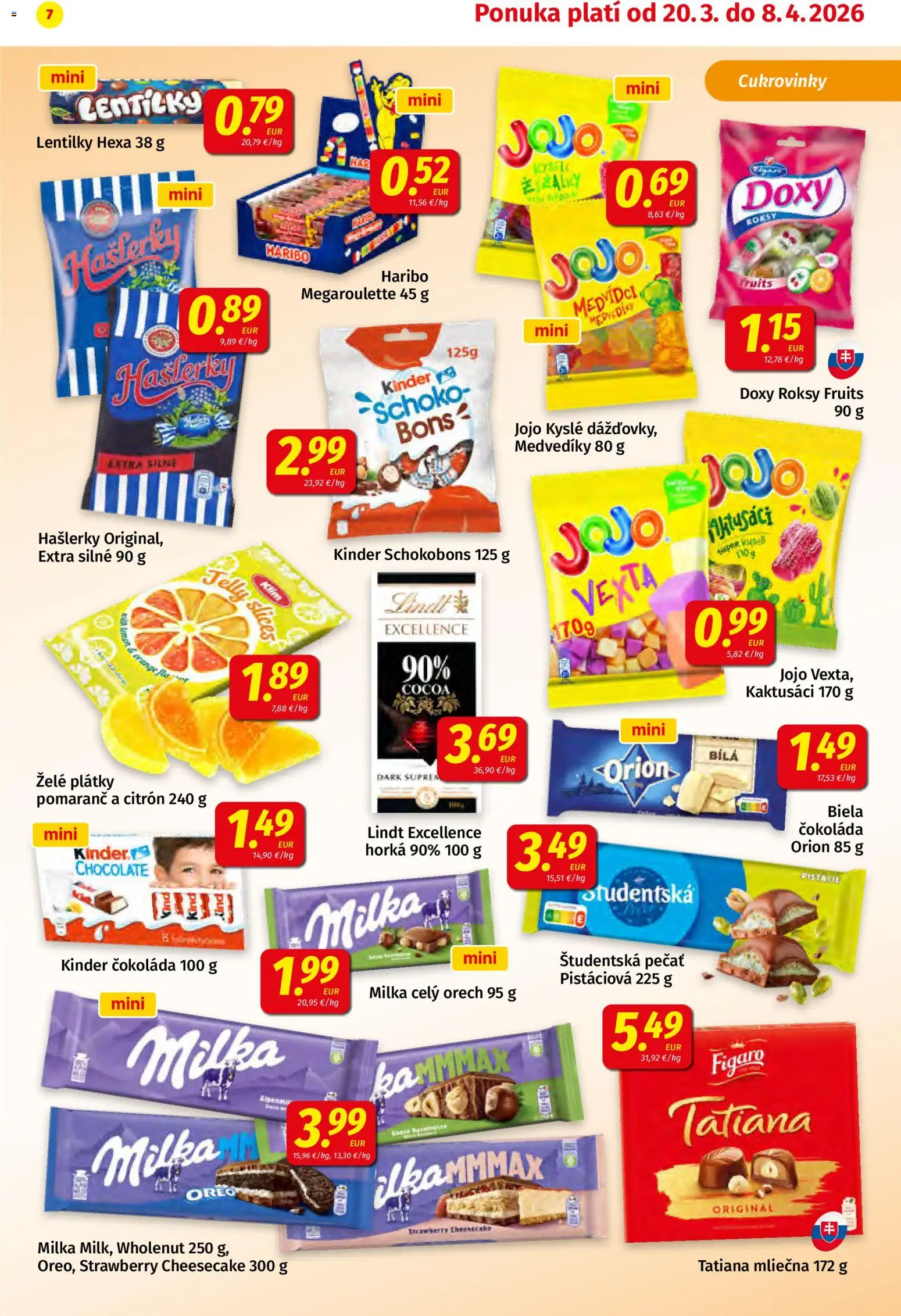 Nové Koruna akcie – leták je platný od 20.03.2026 | Strana: 7 | Produkty: Lindt, Čokoláda, Milka, Pistácie
