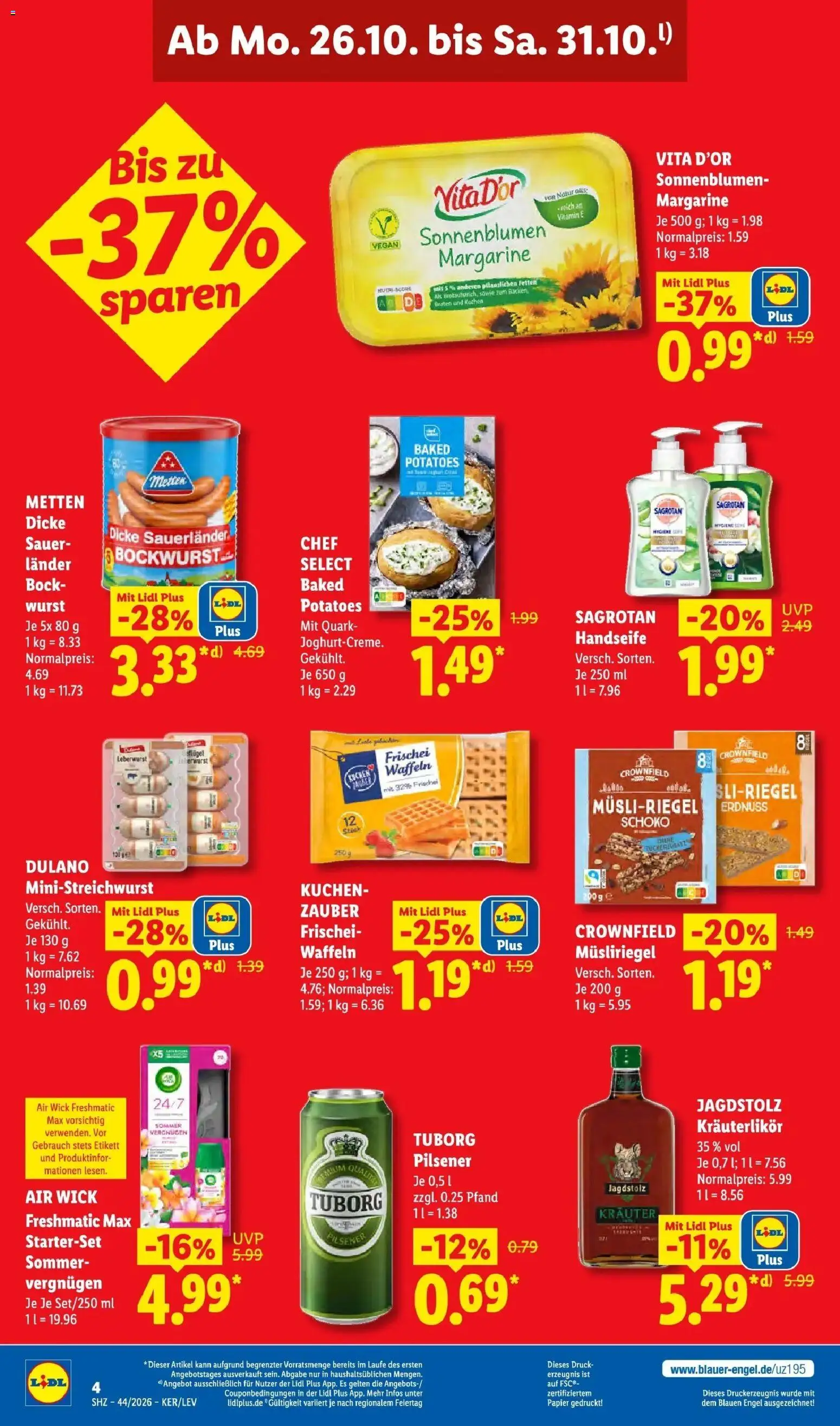 Lidl Prospekt Zülpich (ab 26.10.2026) zum Blättern » Angebote | Seite: 4 | Produkte: Bockwurst, Dicke sauerlander bockwurst, Wurst, Kuchen