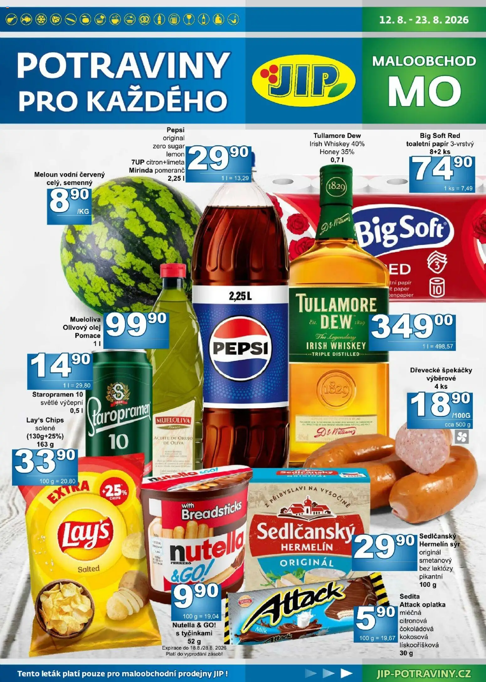 Jip leták od 12.08.2026 | Strana: 1 | Produkty: Mirinda, Lay's, Tullamore Dew, Nutella