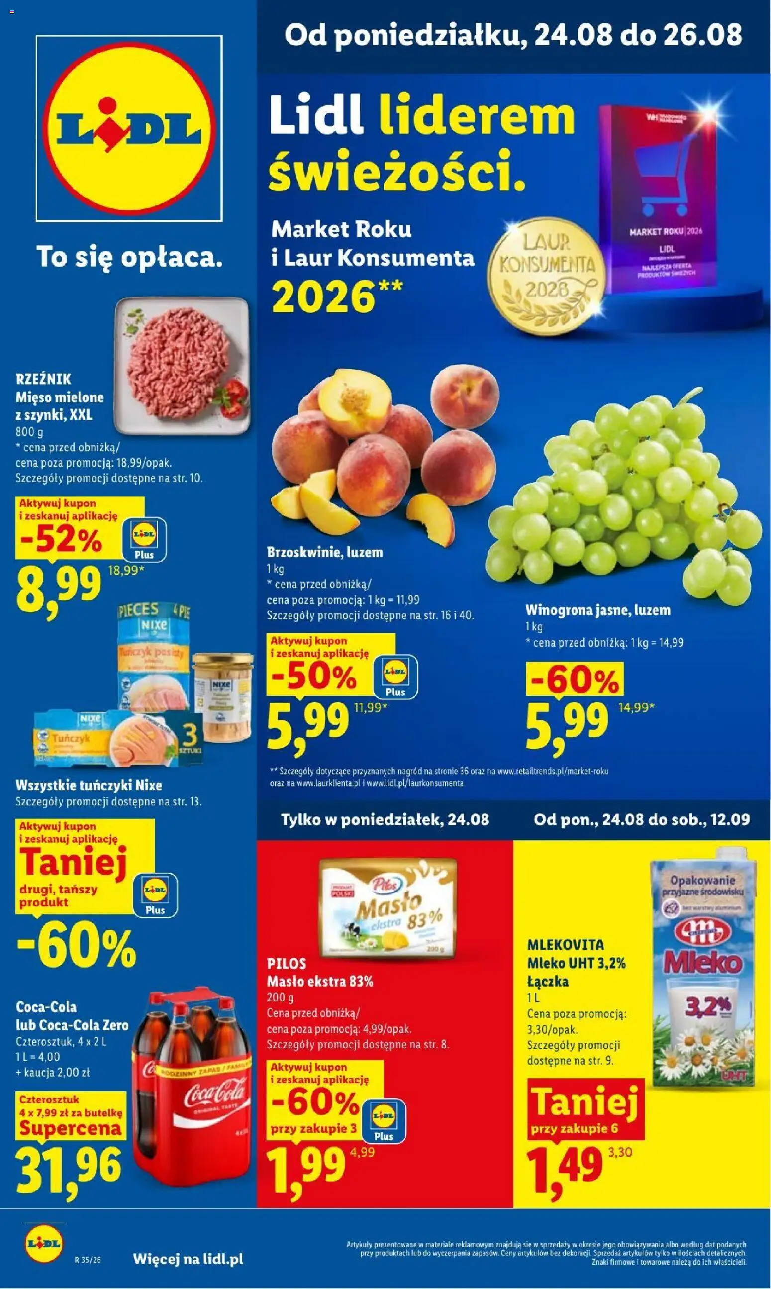 Lidl gazetka od 24.08.2026 | Strona: 1 | Produkty: Mięso, Tuńczyk, Masło, Mleko UHT