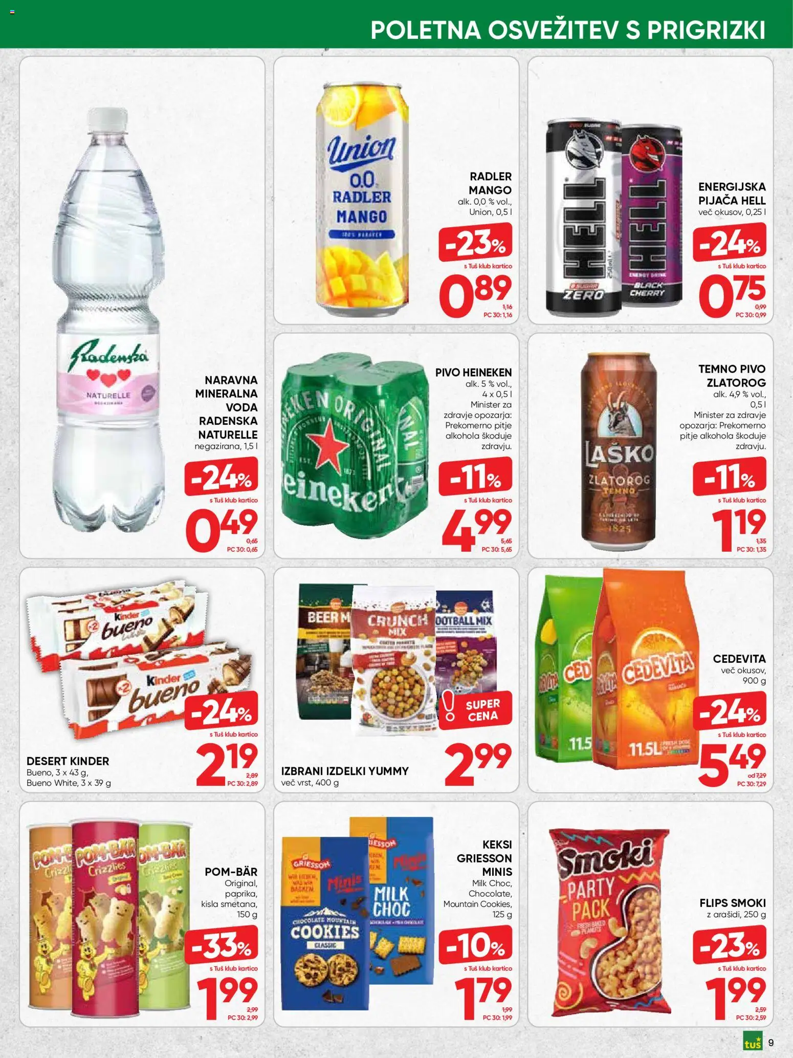 Novi Tuš katalog ponudbe – veljaven od 15.07.2026 | Stran: 9 | Izdelki: Heineken, Flips, Voda, Mango