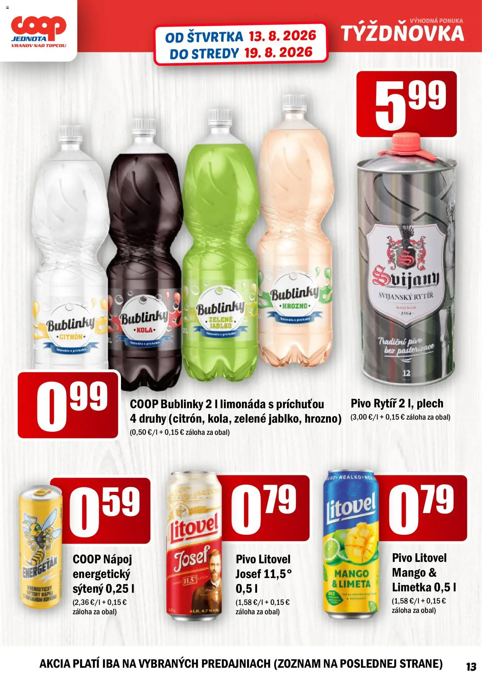 Nové COOP Jednota akcie – leták je platný od 13.08.2026 | Strana: 13 | Produkty: Limetka, Svijany, Mango, Limonáda