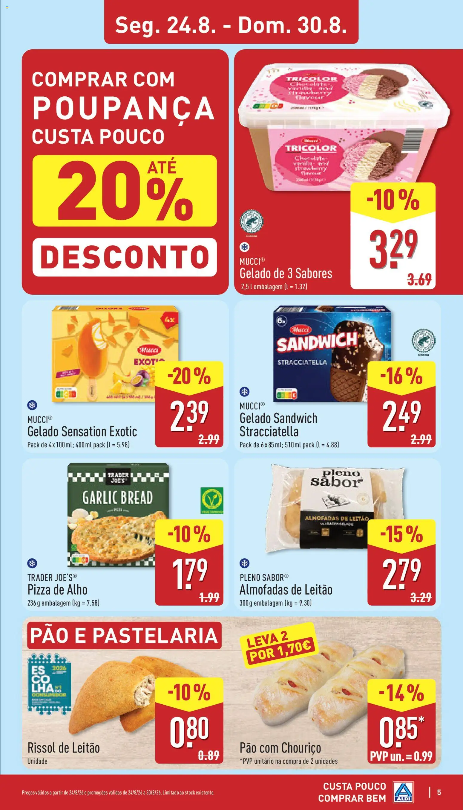 Aldi folheto │ válido de 24/08/2026 | Página: 5 | Produtos: Gelado, Chocolate, Pizza, Chouriço