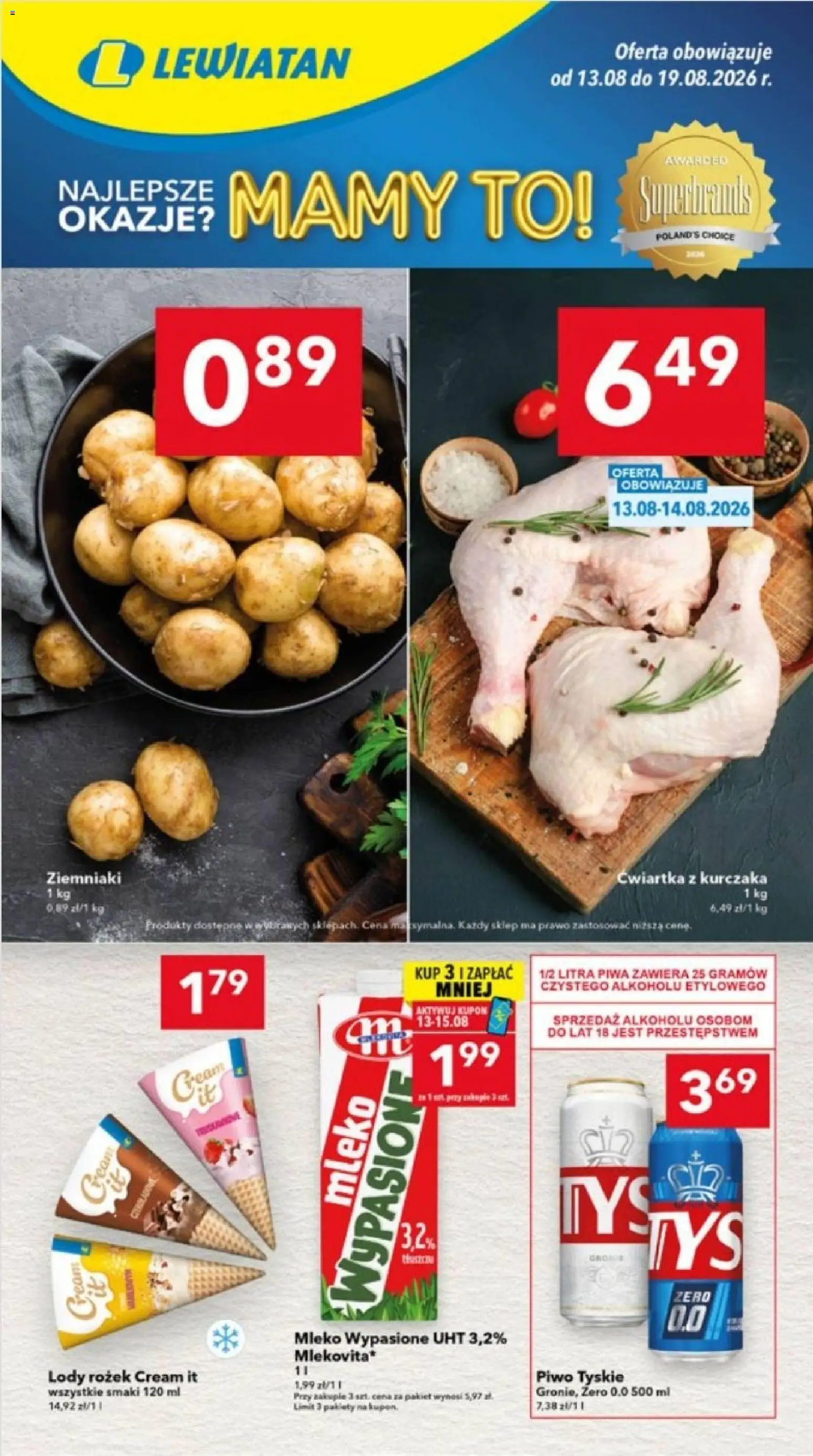 Lewiatan gazetka - Katowice od 13.08.2026 | Strona: 1 | Produkty: Mleko wypasione, Mleko, Piwo, Ziemniaki