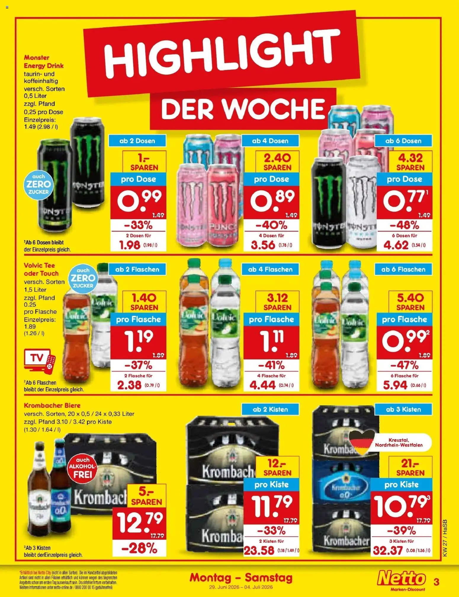 Netto Marken-Discount Prospekt Wuppertal – gültig ab 29.06.2026 | Seite: 3 | Produkte: Volvic tee, Monster, Krombacher, Volvic