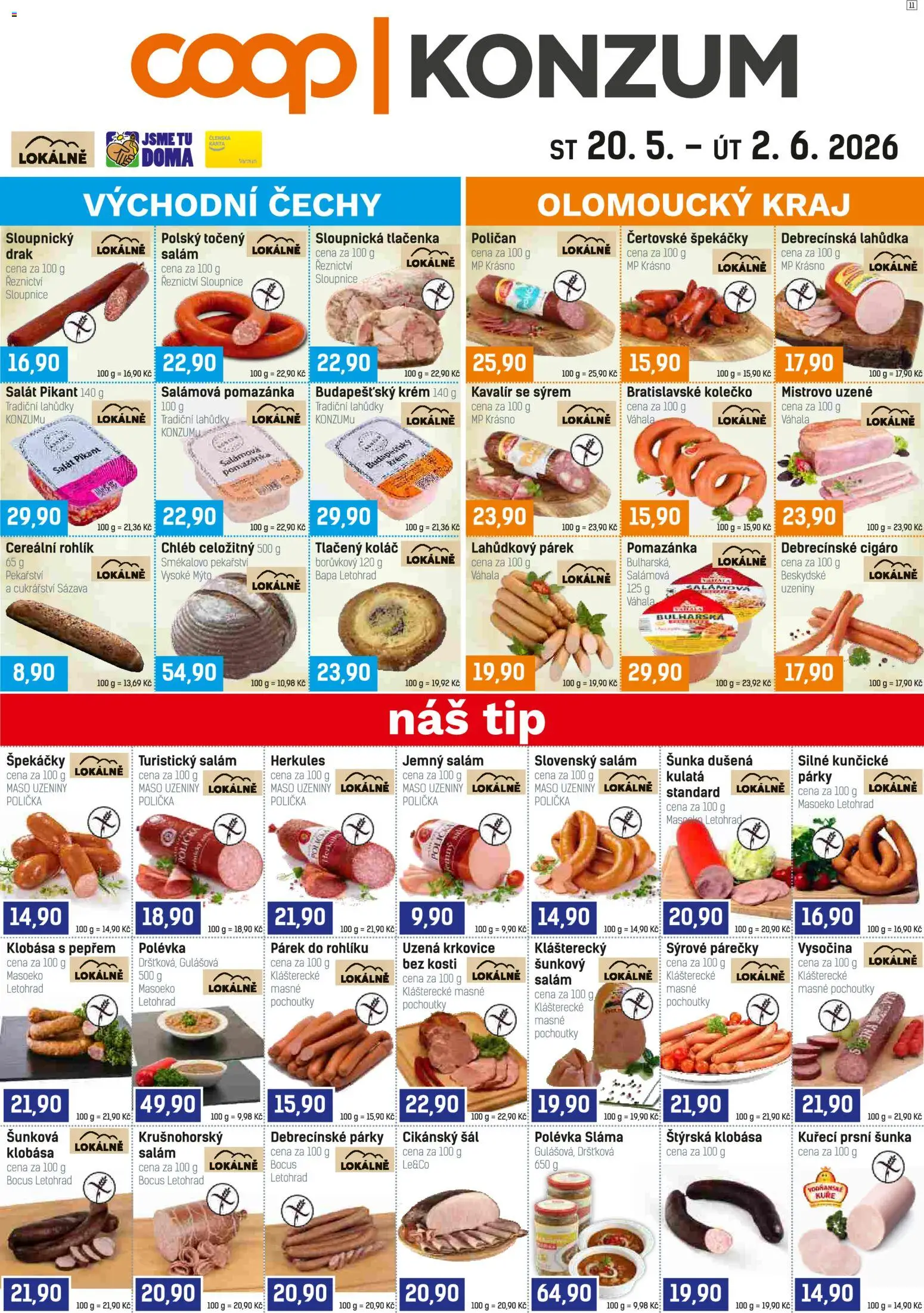 Konzum leták od 20.05.2026 | Strana: 1 | Produkty: Chléb, Krém, Uzeniny, Uzená krkovice