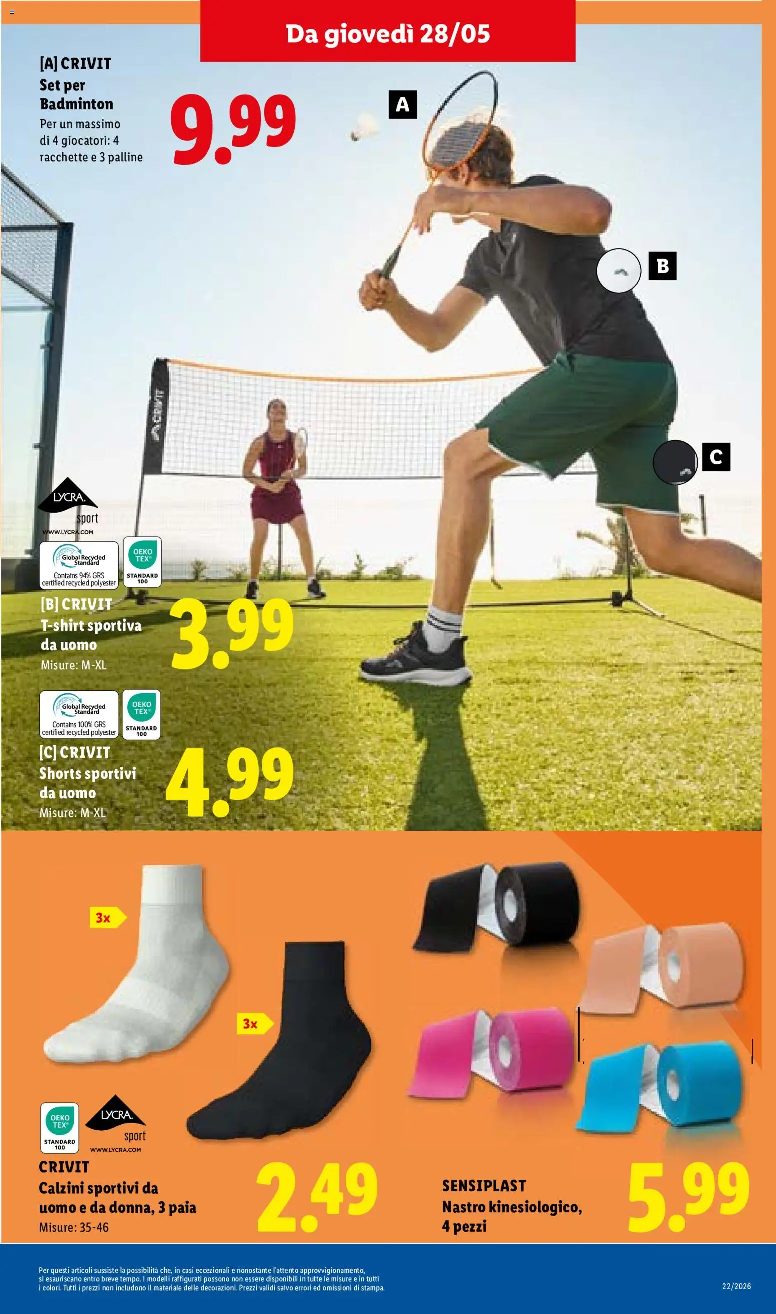 Volantino Lidl del 28.05.2026 | Pagina: 33 | Prodotti: Calzini, T-shirt, Racchette