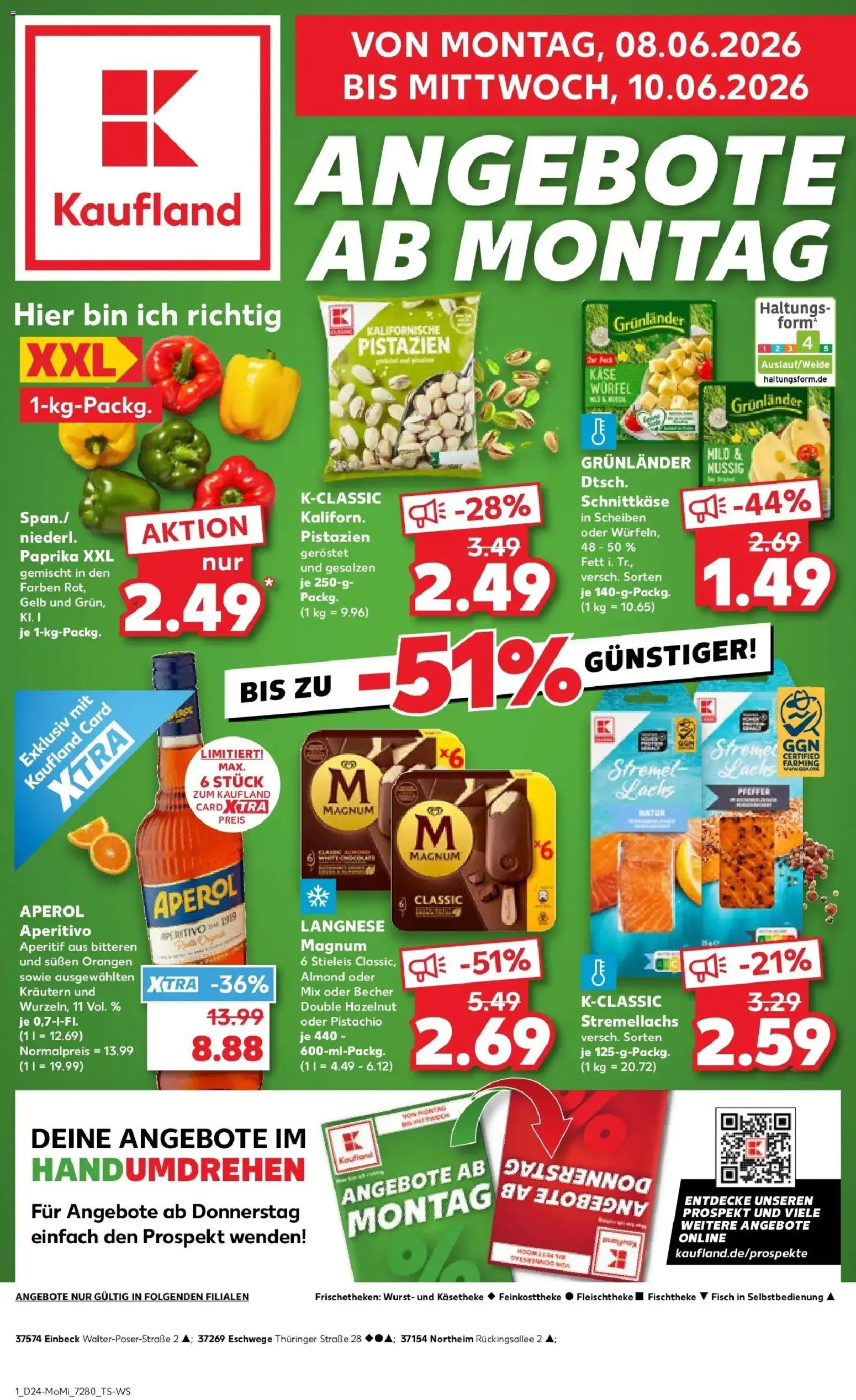 Kaufland Prospekt Northeim – gültig ab 08.06.2026 | Seite: 1 | Produkte: Langnese, Pistazien, Lachs, Paprika