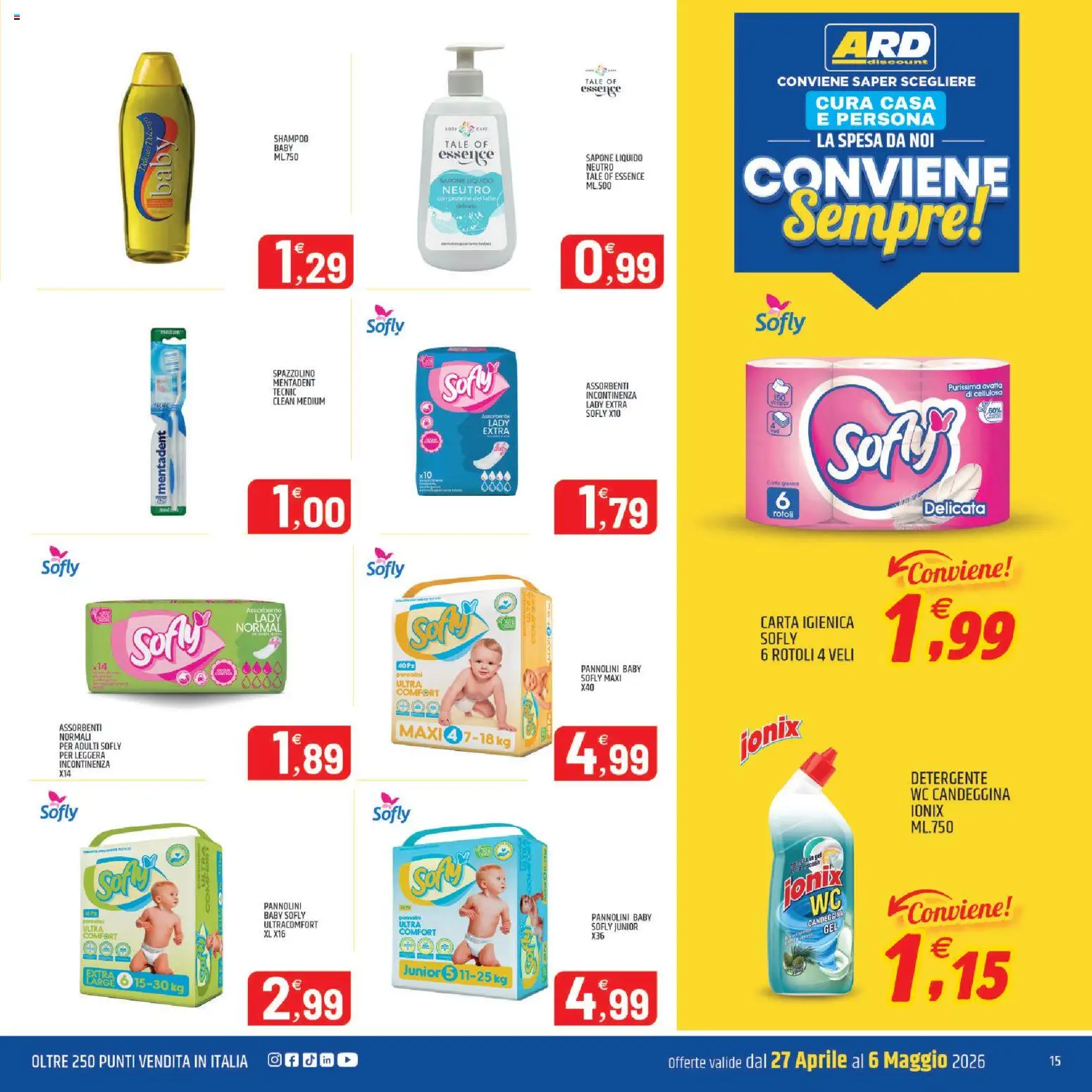 Volantino ARD Discount del 27.04.2026 | Pagina: 15 | Prodotti: Sapone, Detergente, Latte, WC