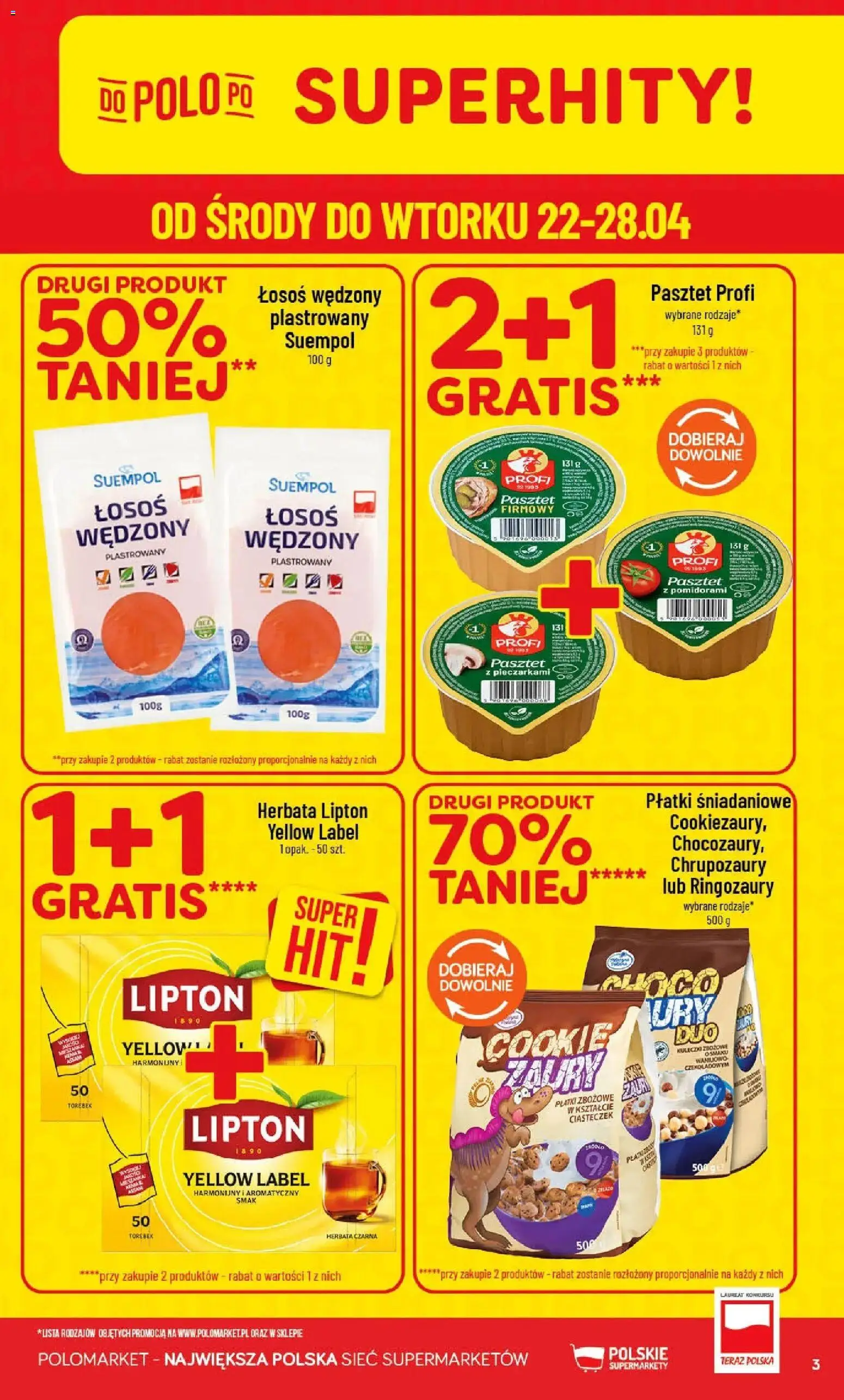 POLOmarket gazetka od 22.04.2026 | Strona: 3 | Produkty: Płatki śniadaniowe, Łosoś, Herbata lipton, Herbata