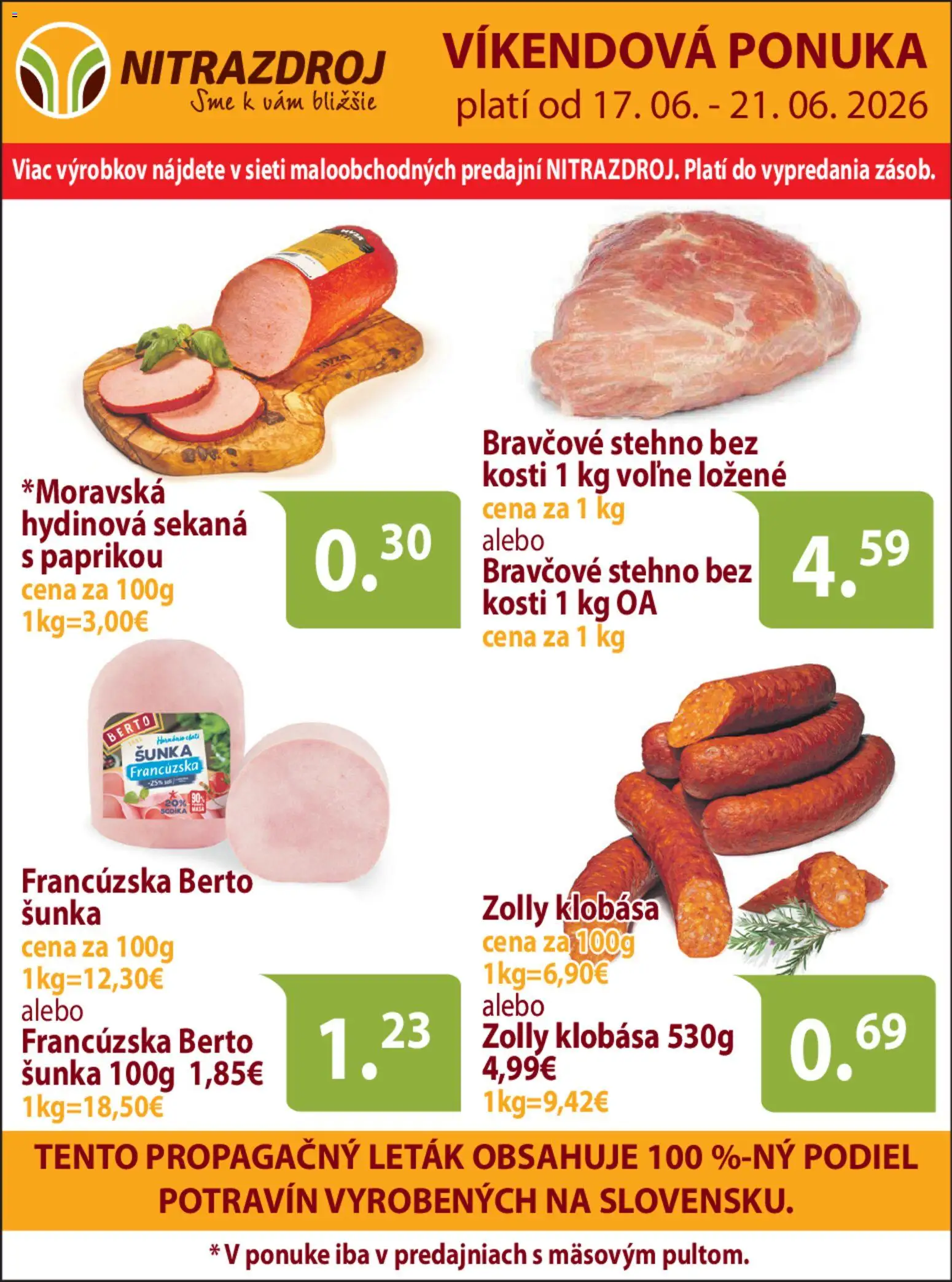 Nové Nitrazdroj akcie – leták je platný od 17.06.2026 | Strana: 1 | Produkty: Šunka, Klobása, Bravčové stehno