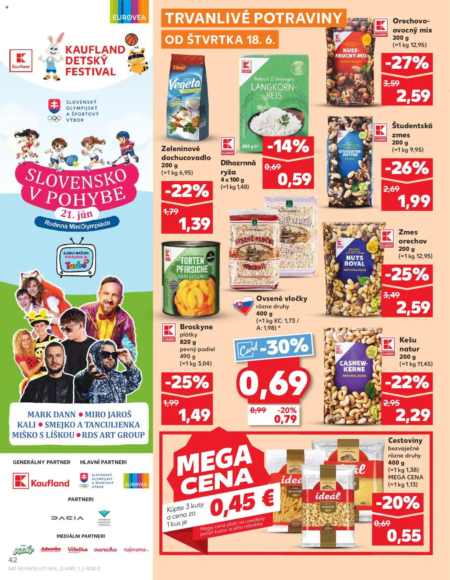 Nové Kaufland akcie – leták je platný od 18.06.2026 | Strana: 42 | Produkty: Ryža, Cestoviny, Vločky, Broskyne