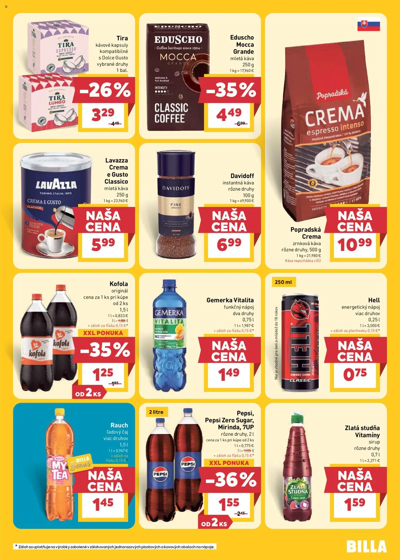 Nové Billa akcie – leták je platný od 15.04.2026 | Strana: 19 | Produkty: Dolce Gusto, Pepsi, Gemerka, Zrnková káva