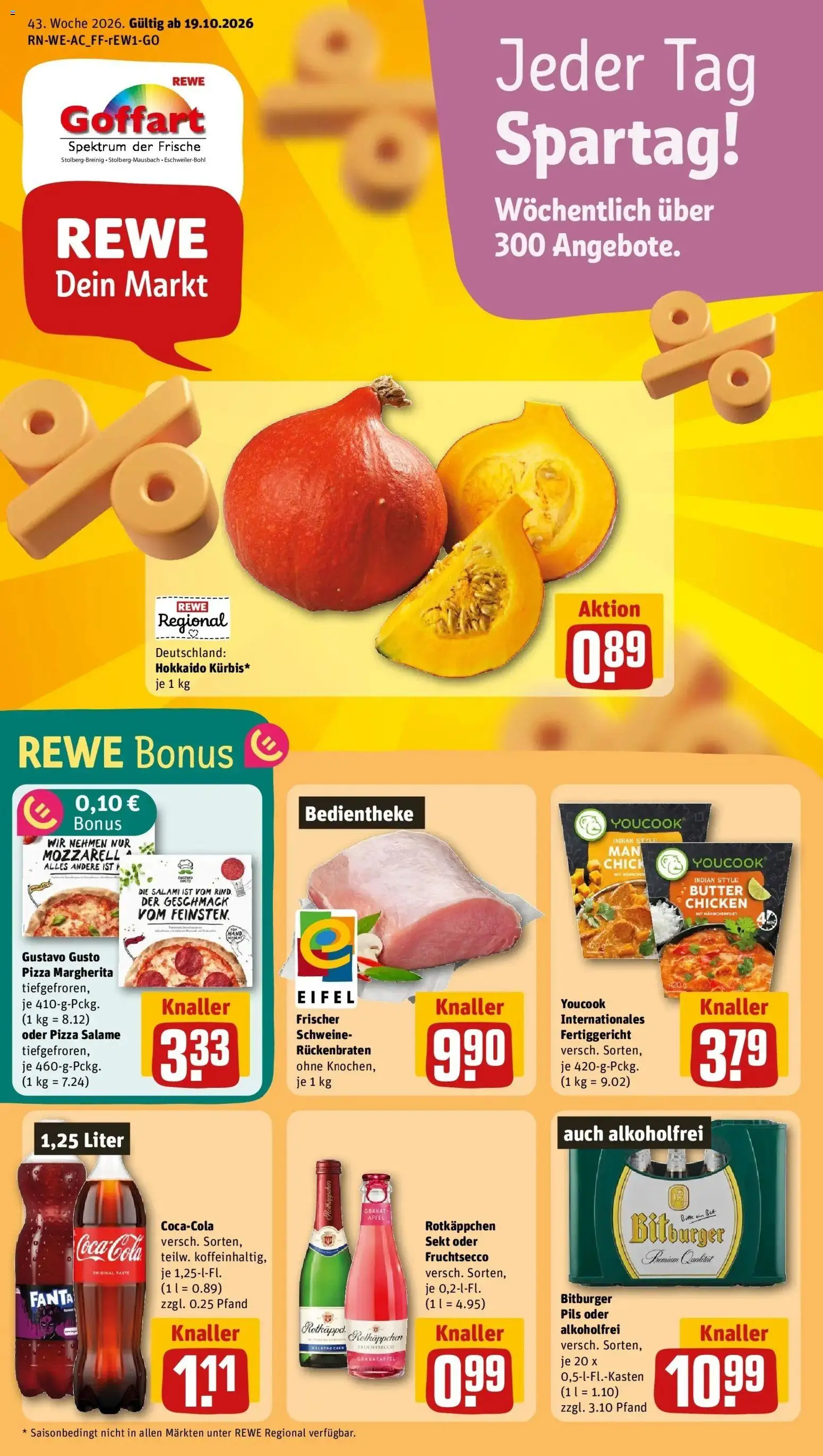 REWE Prospekt ab 19.10.2026 zum Blättern » Angebote | Seite: 1 | Produkte: Cola, Butter, Sekt, Äpfel