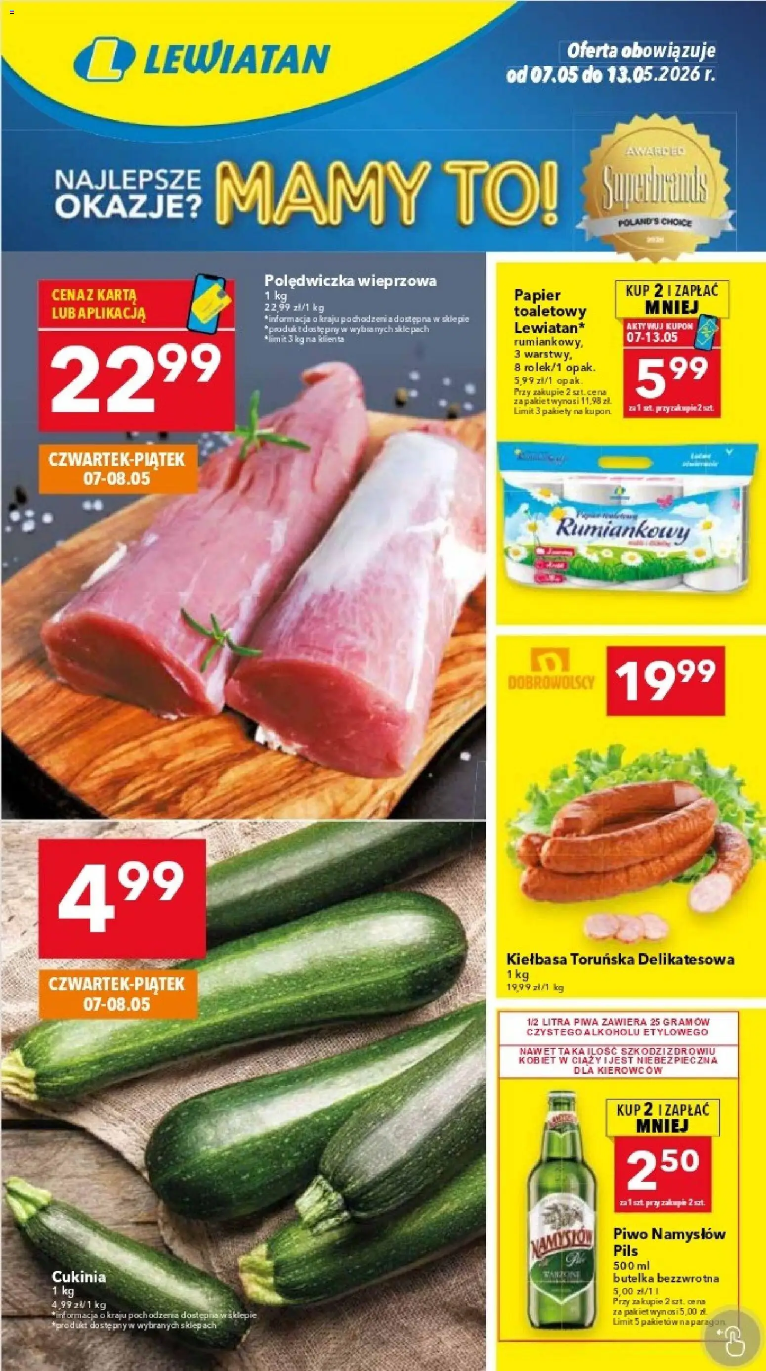 Lewiatan gazetka - Warszawa od 07.05.2026 | Strona: 1 | Produkty: Polędwiczka wieprzowa, Cukinia, Piwo, Piwo Namysłów