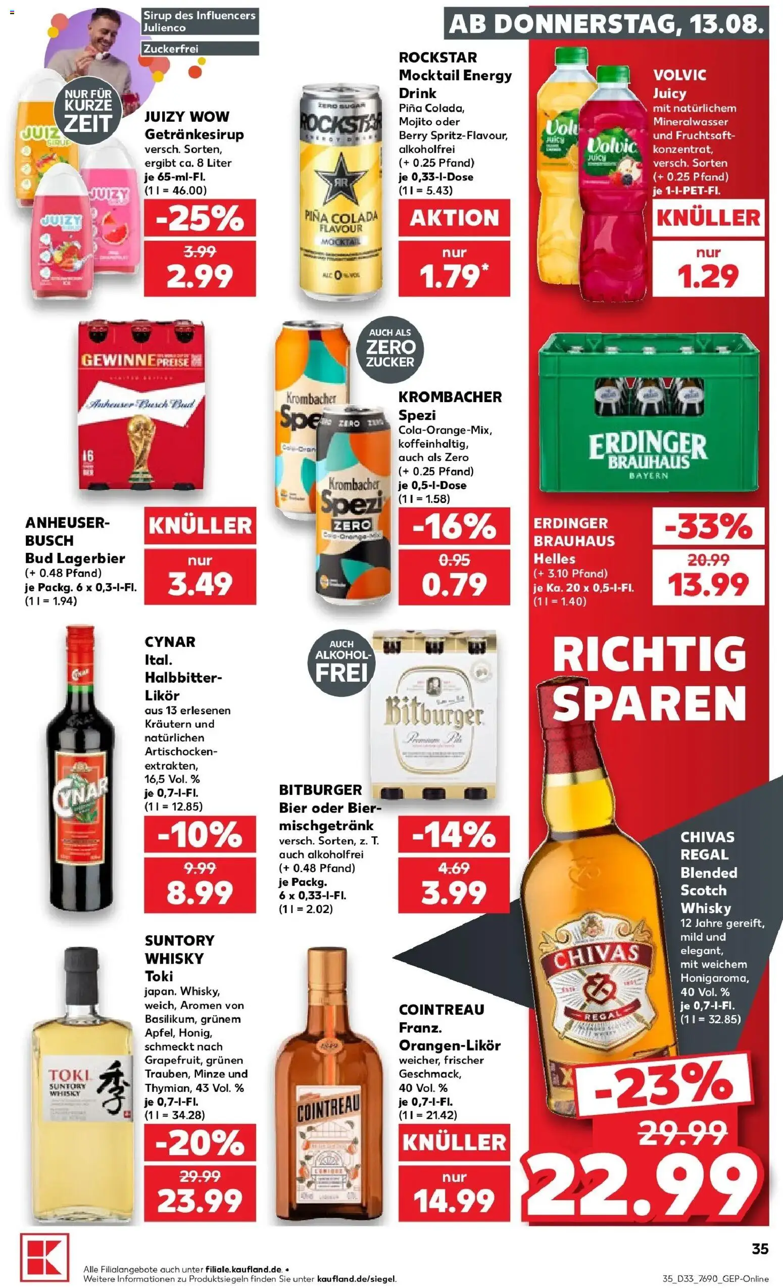 Prospekt Kaufland ab 13.08.2026 » Angebote Online zum Blättern | Seite: 35 | Produkte: Bitburger, Erdinger, Rockstar, Mineralwasser