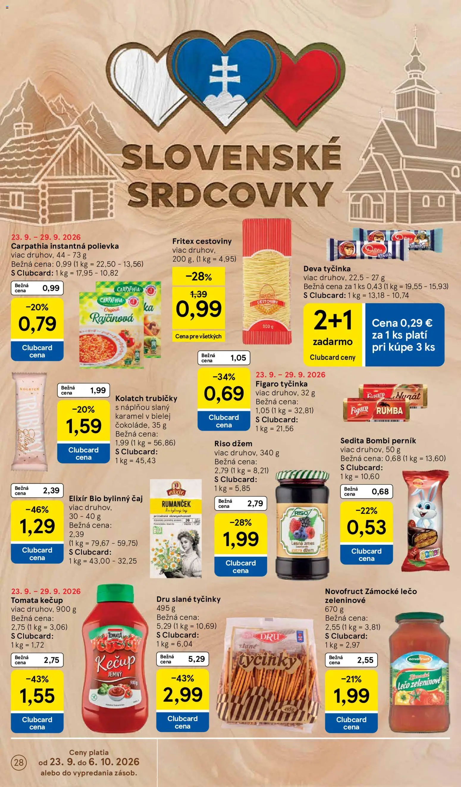 Nové Tesco akcie – leták je platný od 23.09.2026 | Strana: 28 | Produkty: Džem, Čaj, Slané tyčinky, Trubičky