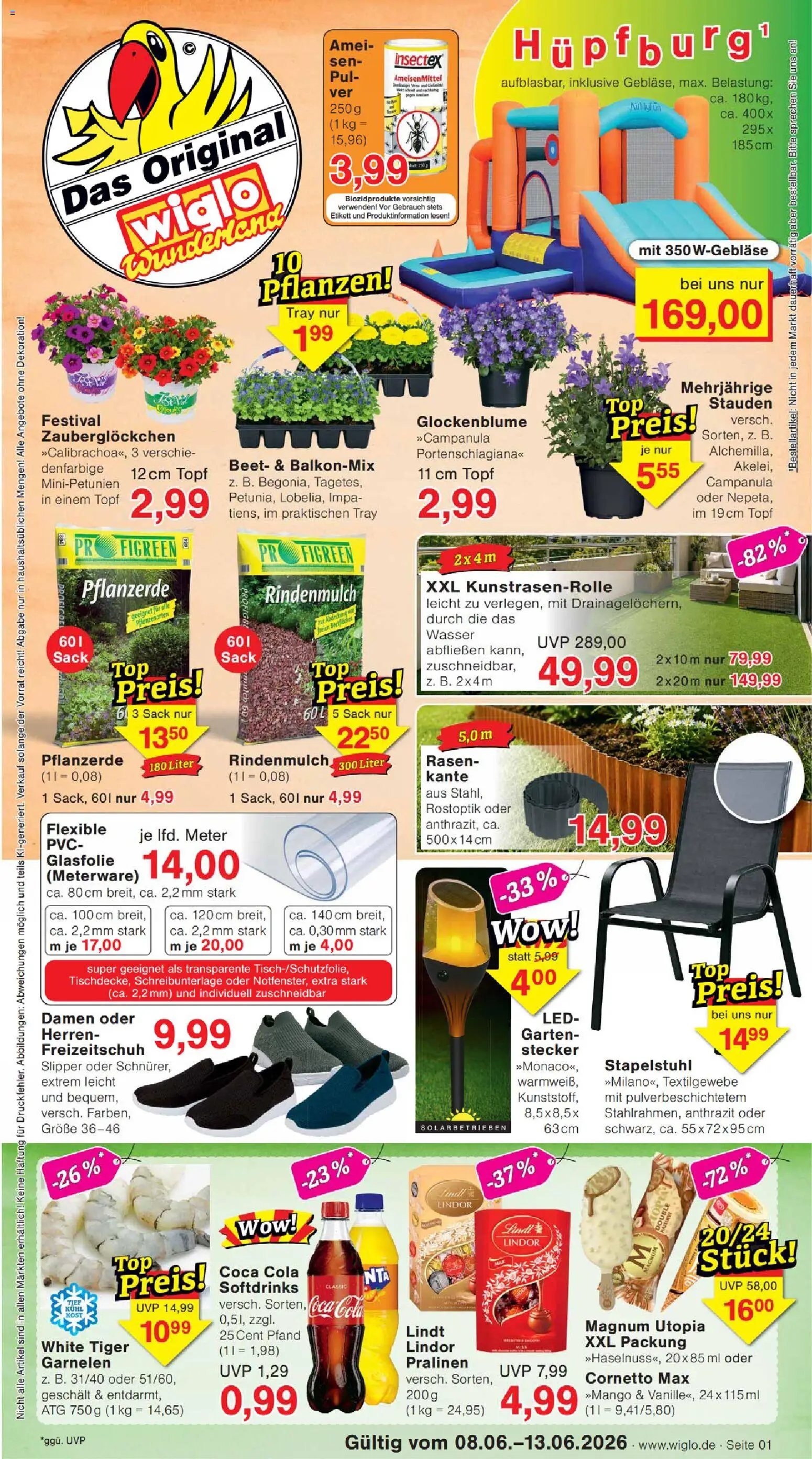 Wiglo Wunderland Prospekt – gültig ab 08.06.2026 | Seite: 1 | Produkte: Pflanzerde, Coca cola, Garnelen, Wasser