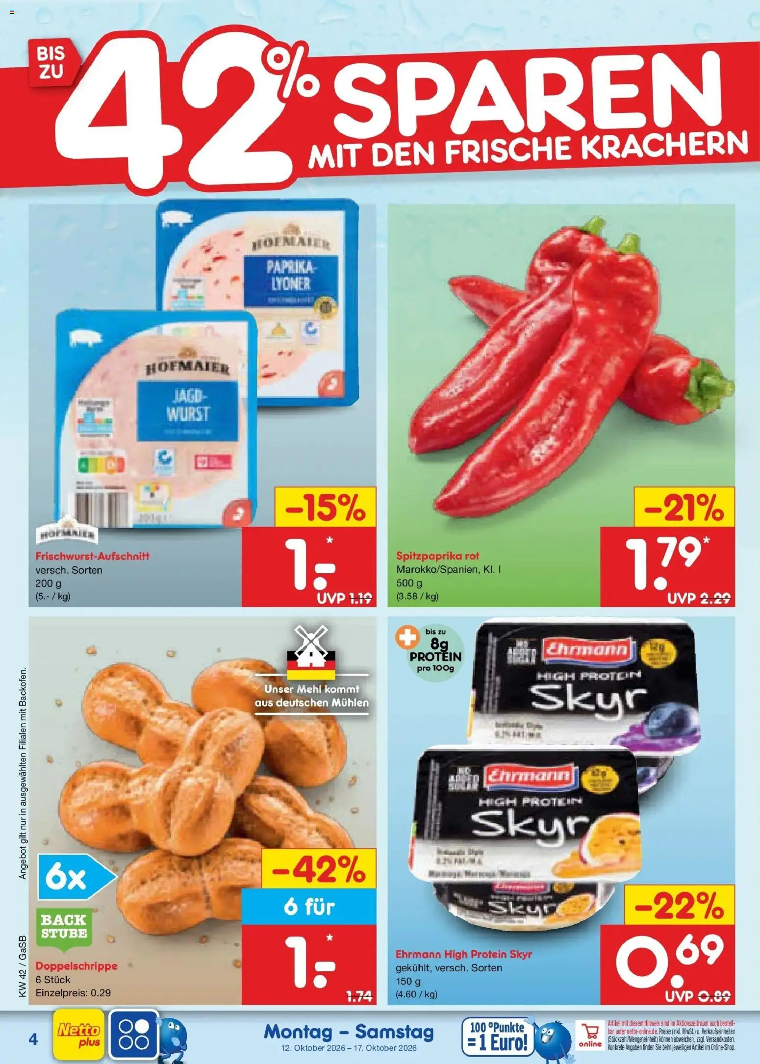 Netto Marken-Discount Prospekt Oldenburg (ab 12.10.2026) » Angebote | Seite: 4 | Produkte: Mehl, Skyr, Paprika, Wurst