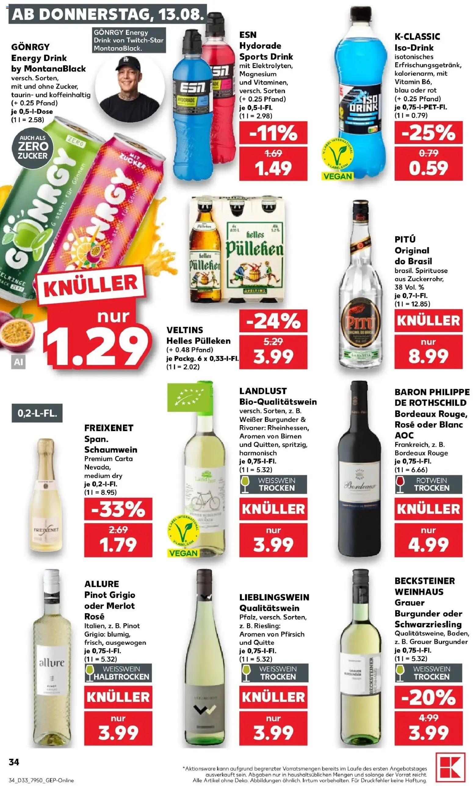 Prospekt Kaufland ab 13.08.2026 » Angebote Online zum Blättern | Seite: 34 | Produkte: Helles pulleken, Weißwein, Rotwein, Weißwein halbtrocken