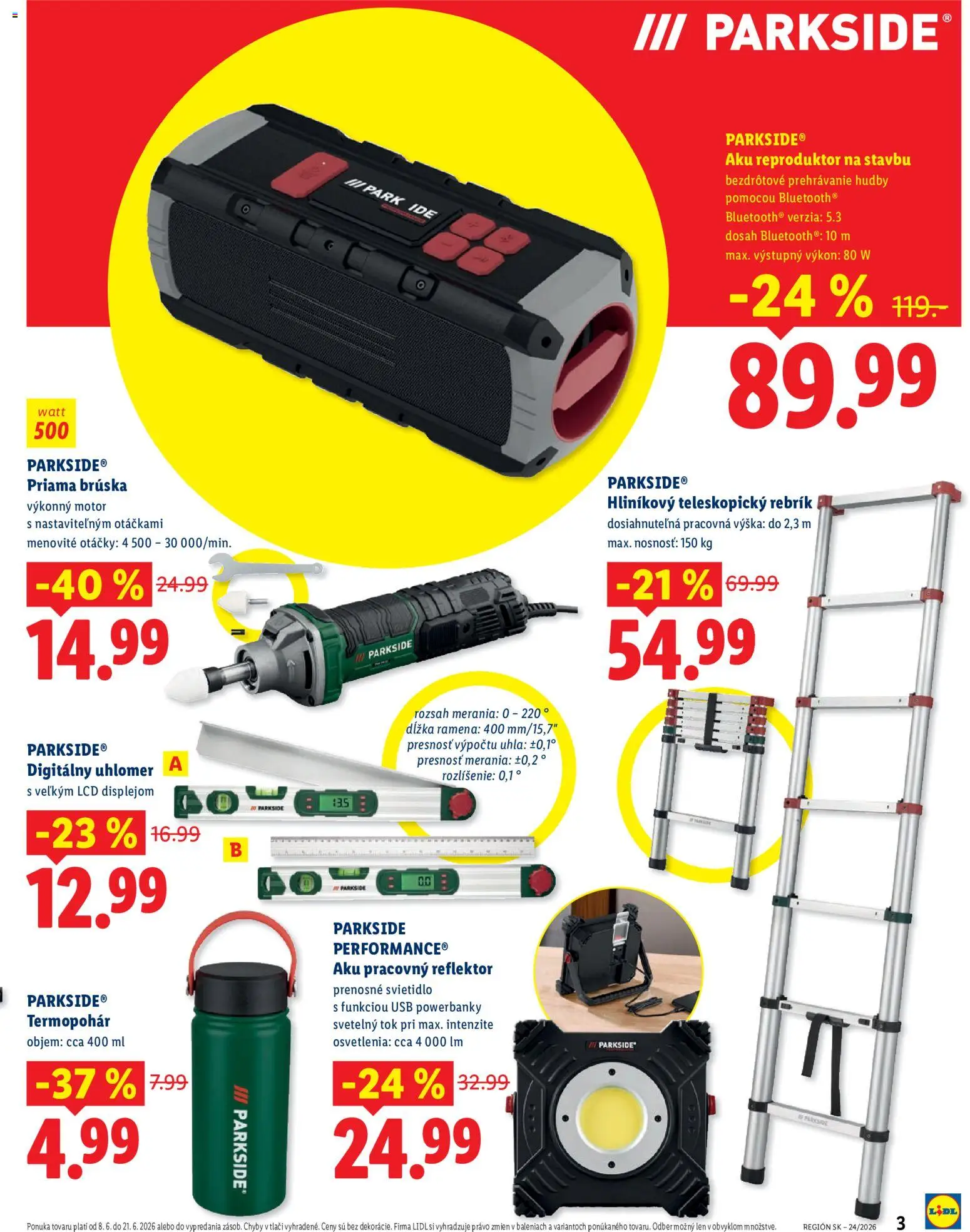 Nové Lidl akcie – leták je platný od 08.06.2026 | Strana: 3 | Produkty: Reflektor, Aku, Svietidlo, Parkside