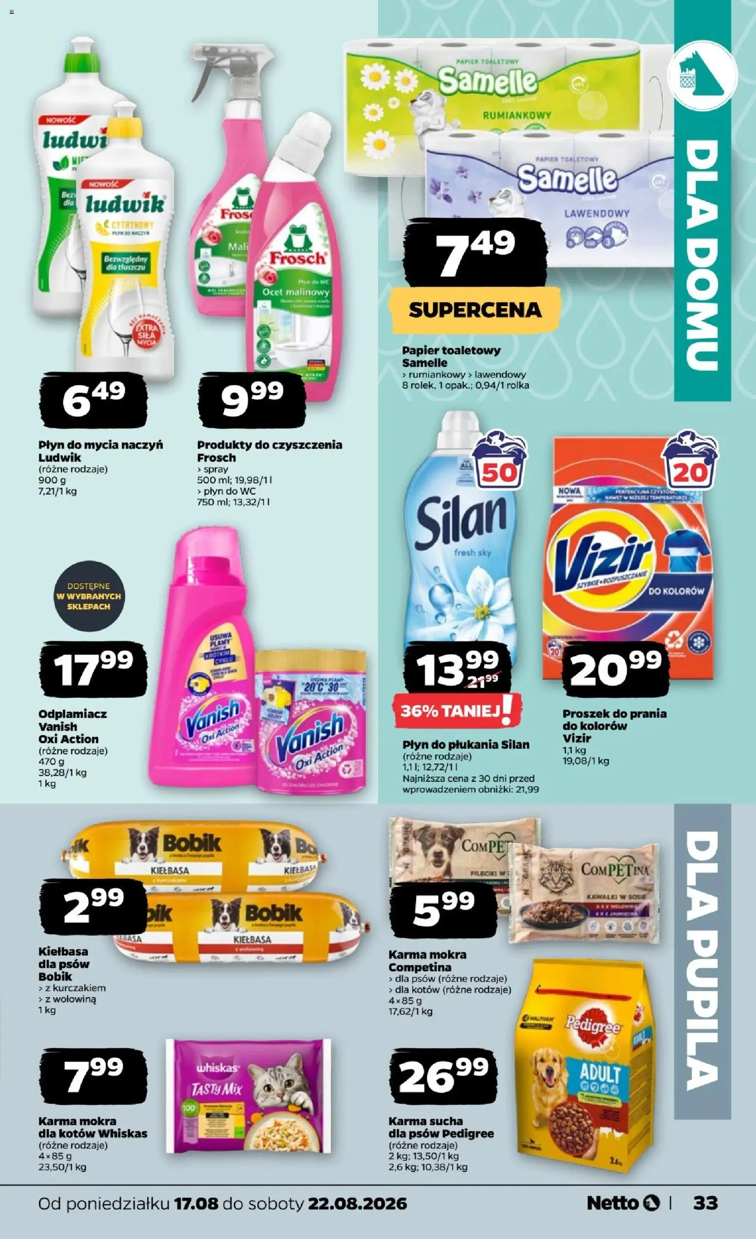 Netto gazetka od poniedziałku od 17.08.2026 | Strona: 33 | Produkty: Proszek, Whiskas, Karma mokra, Płyn do mycia naczyń