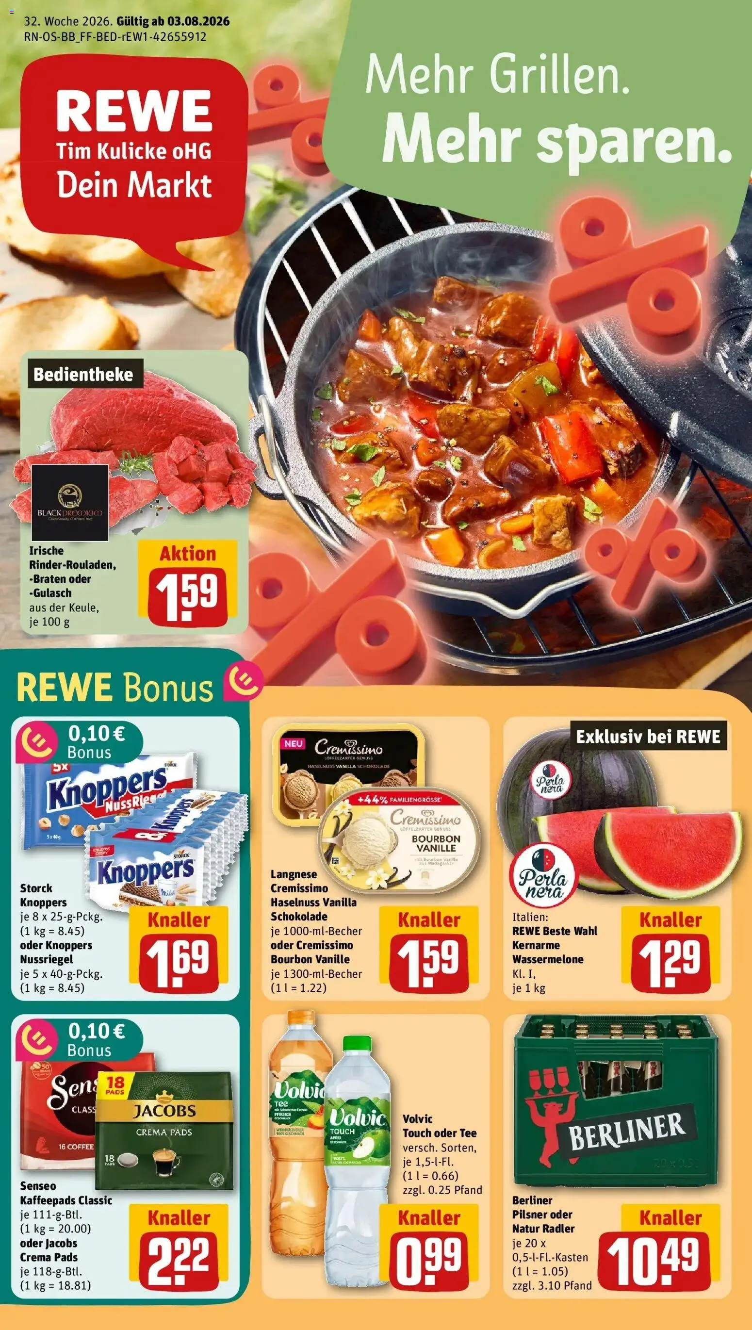 REWE Prospekt ab 03.08.2026 zum Blättern » Angebote | Seite: 1 | Produkte: Senseo, Schokolade, Pfirsich, Bourbon