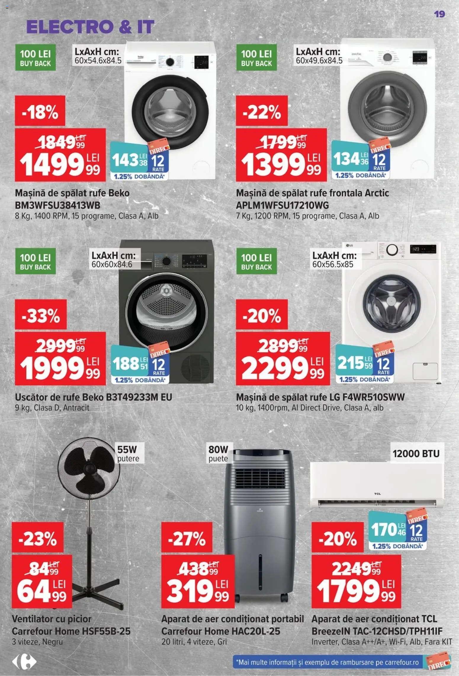 Noul catalog Carrefour – valabil de la 22.07.2026 | Pagină: 19 | Produse: Mașină De Spălat, Uscător, Aer Condiționat, Ventilator